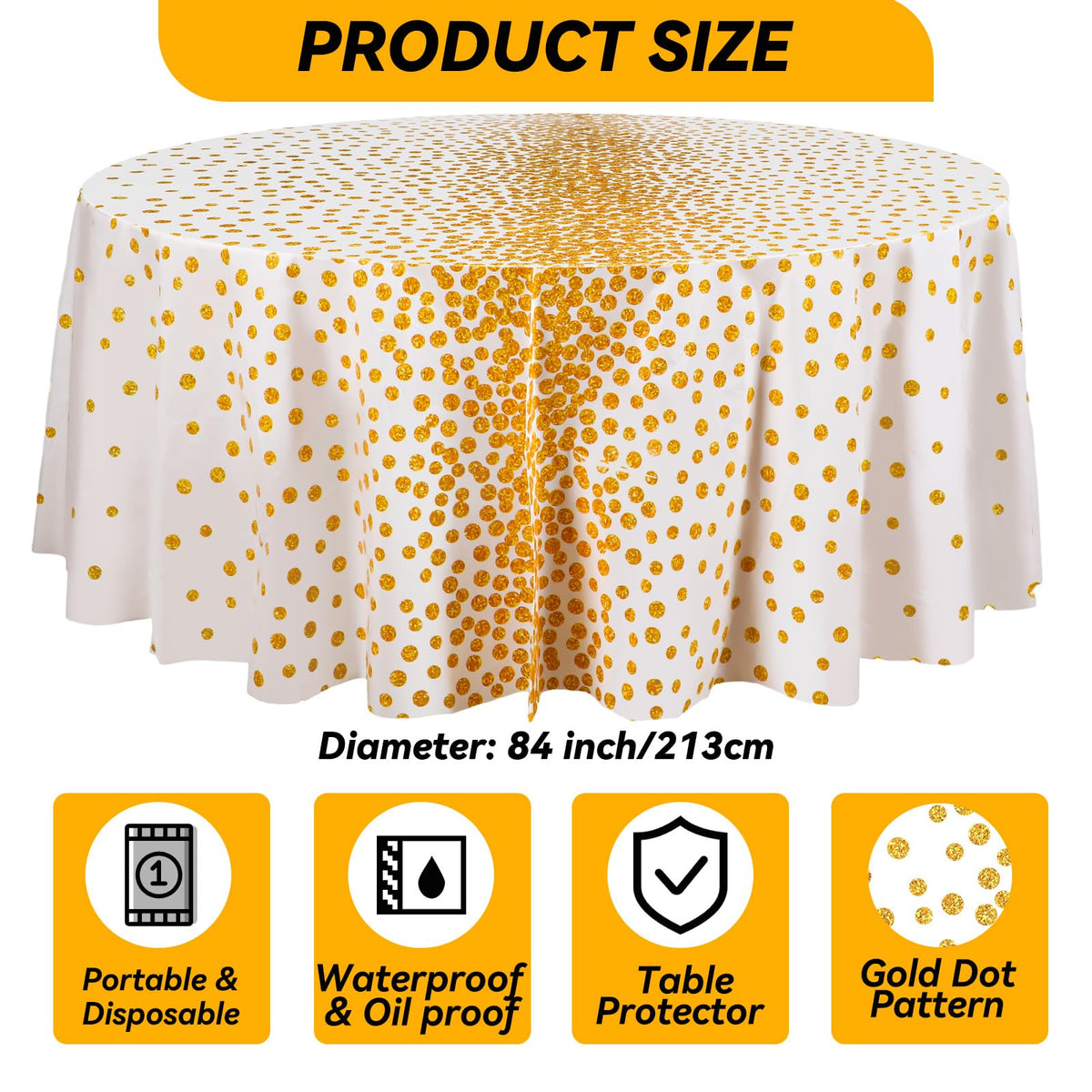 VitalCozy Round Dot Tablecloth 84 Inch Plastic Table Cover Polka Dot Confetti Tablecloths for Easter 2026 Graduation Prom Wedding Birthday Spring Party Supplies(White and Gold,3 Pcs)