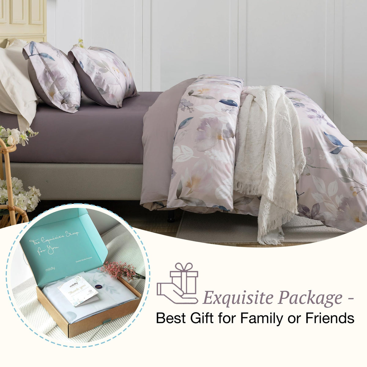 MILDLY 100% Long-Staple Cotton Duvet Cover Set Light Gray Pink Floral Leaf Pattern Printed Comforter Cover 3pcs, Ultra Soft & Breathable Bedding Set
