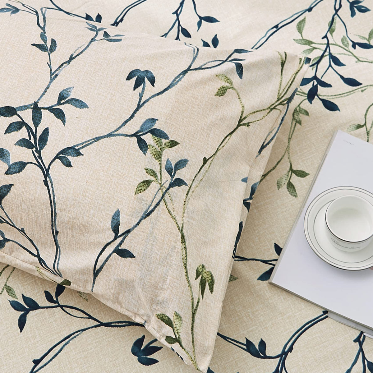 JSD Beige Leaves Printed Sheet Set King Size, 4 Piece Botanical Pattern Microfiber Sheets Extra Deep Pocket