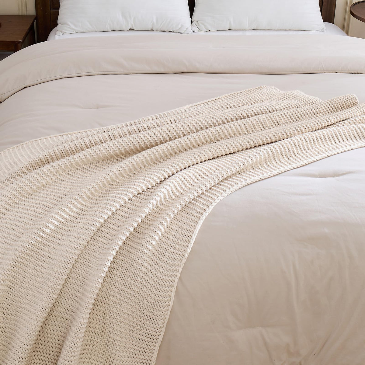 Cable Knit Throw Blanket for Couch, Beige Throw Blanket, Soft Cozy Stretchy Reversible Garter Knitted Blankets for Bed, 50"x60", Light Beige
