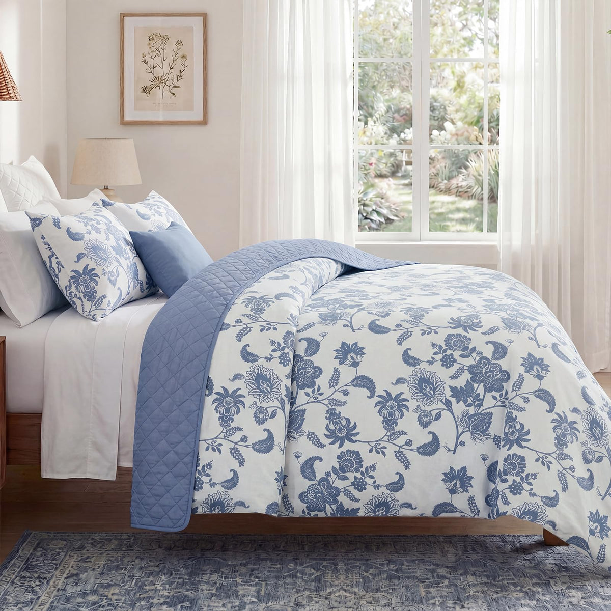 Bedorm 100% Cotton Duvet Cover Set King Floral Bedding Set Blue and White Paisley Flowers Print Boho Bedroom Decor Soft & Breathable Duvet Cover with Zipper Closure
