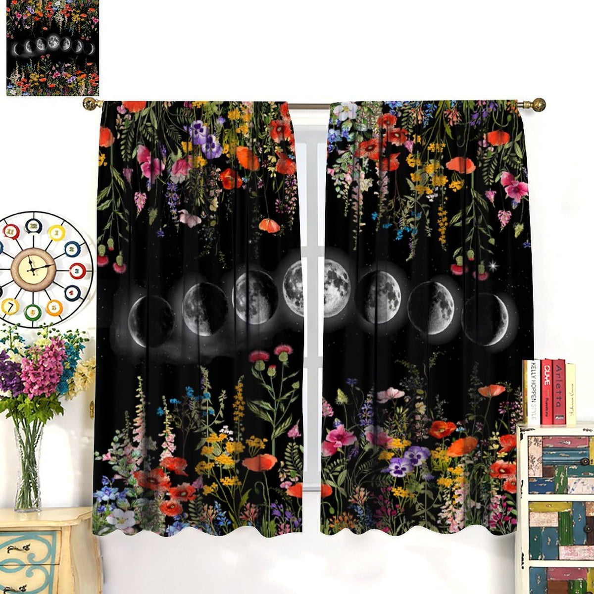 Moonlit Boho Floral Curtains,Garden Moon Phase Plants Flowers Village Art Print Window Drapes for Bedroom Living Room Kitchen Cafe （W20xL45 Inch） x2 Decor
