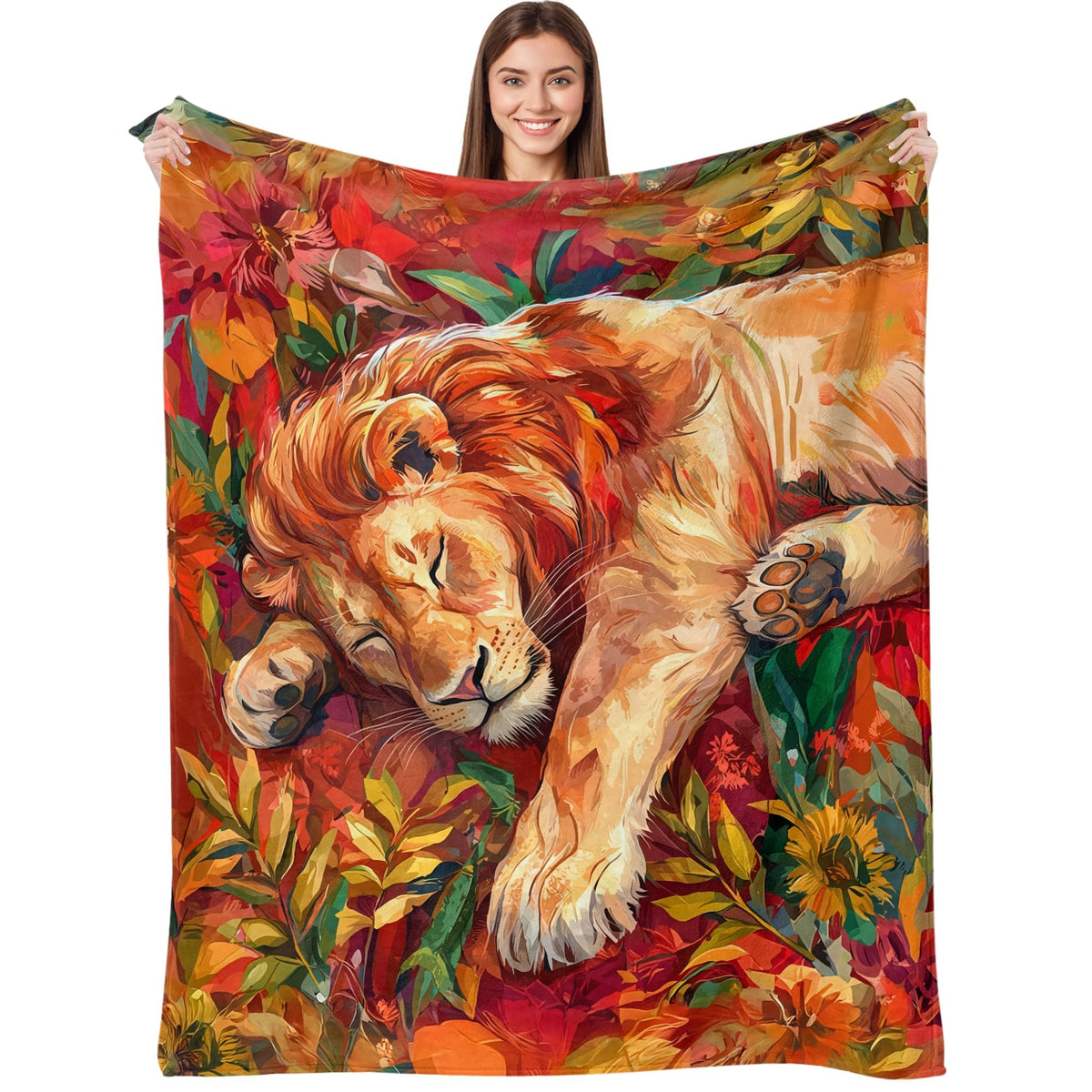 kampdream Lion Throw Blanket, Cozy Flannel Blanket with Sleeping Lion and Autumnal Foliage Design, Super Soft Nap Warm Blanket for Couch Sofa Chair Living Room Unique Gift Red 50×60 inch