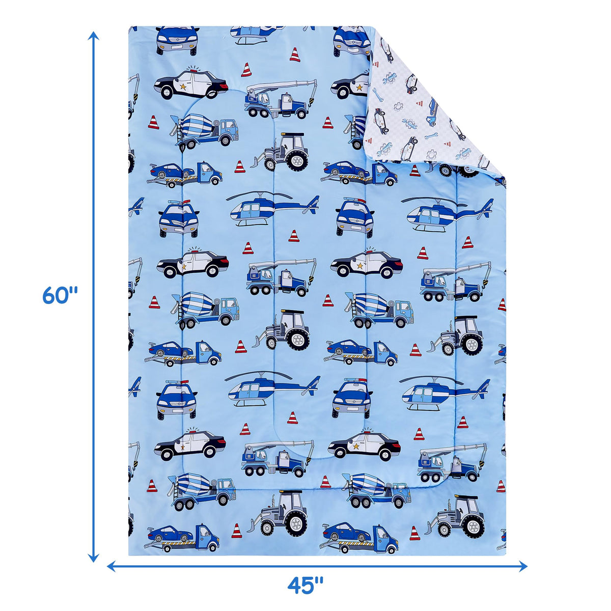 Mooreeke 4 Pieces Toddler Bedding Set - Blue Cool Police Car Plane Toddler Comforter Sets for Boys, Includes Comforter, Flat Sheet, Fitted Sheet and Pillowcase, Bed in A Bag for Baby Bedroom