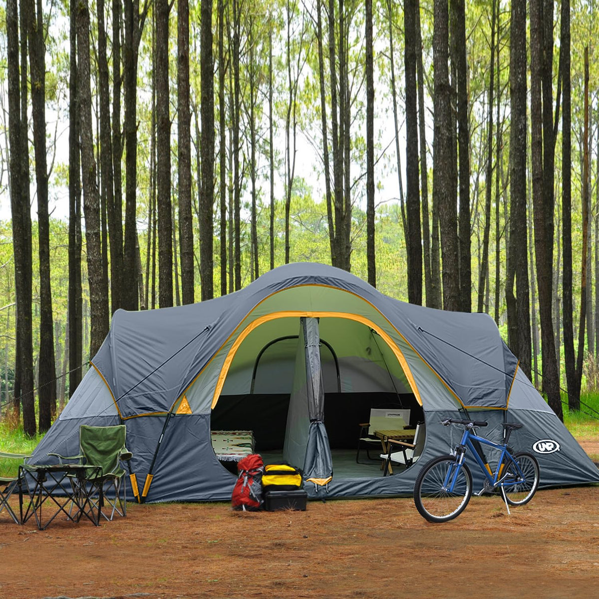 UNP Camping Tent 10-Person-Family Tents, Parties, Music Festival Tent, Big, Easy Up, 5 Large Mesh Windows, Double Layer, 2 Room, Waterproof, Weather Resistant, 18ft x 9ft x78in (Gray)