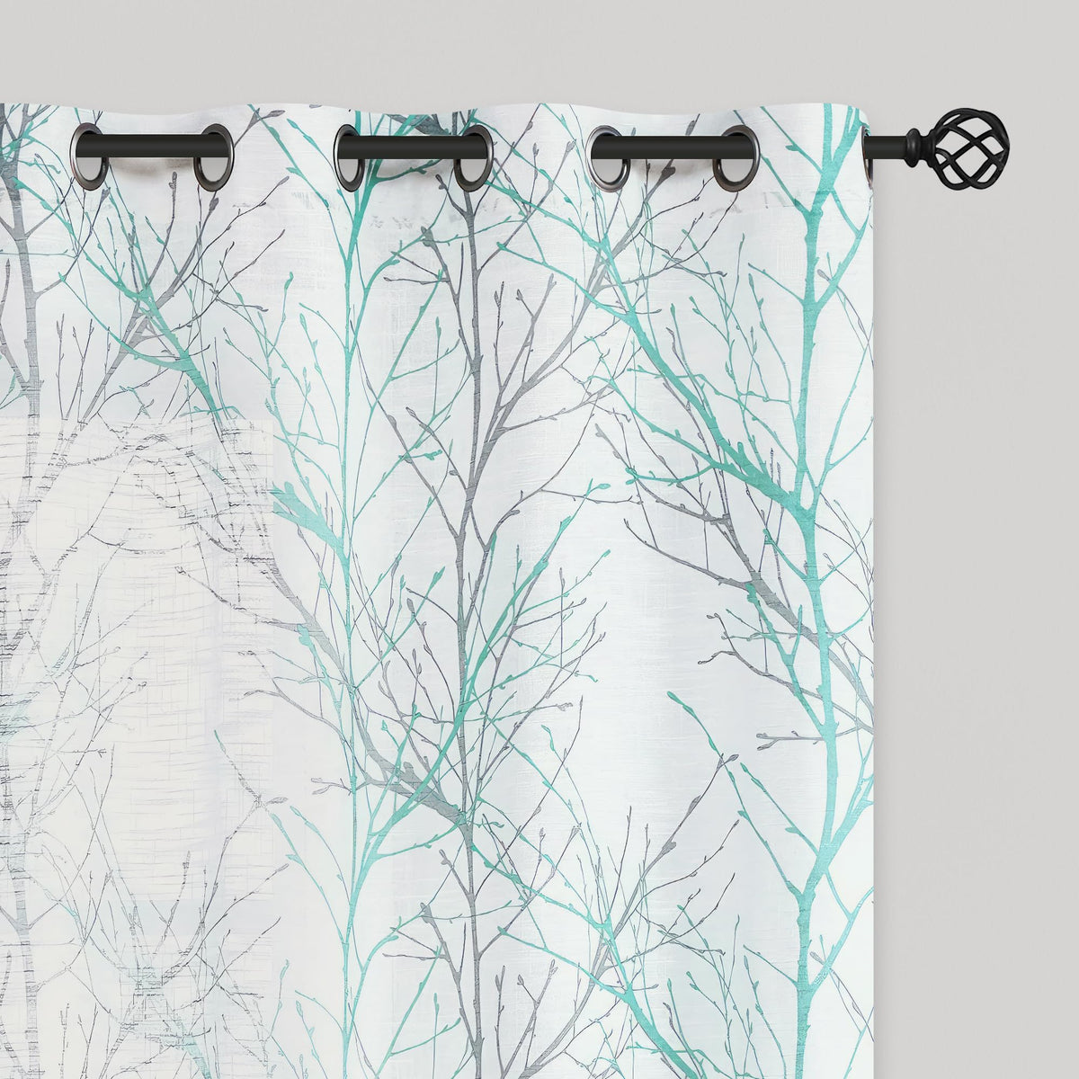 FMFUNCTEX Linen Semi Sheer Curtains for Bedroom, Auqa Blue White Curtains 84 Inches Long for Living Room, Grey Tree Branch Patterned Curtain Light Filtering Window Drapes, Grommet Top 2 Panels