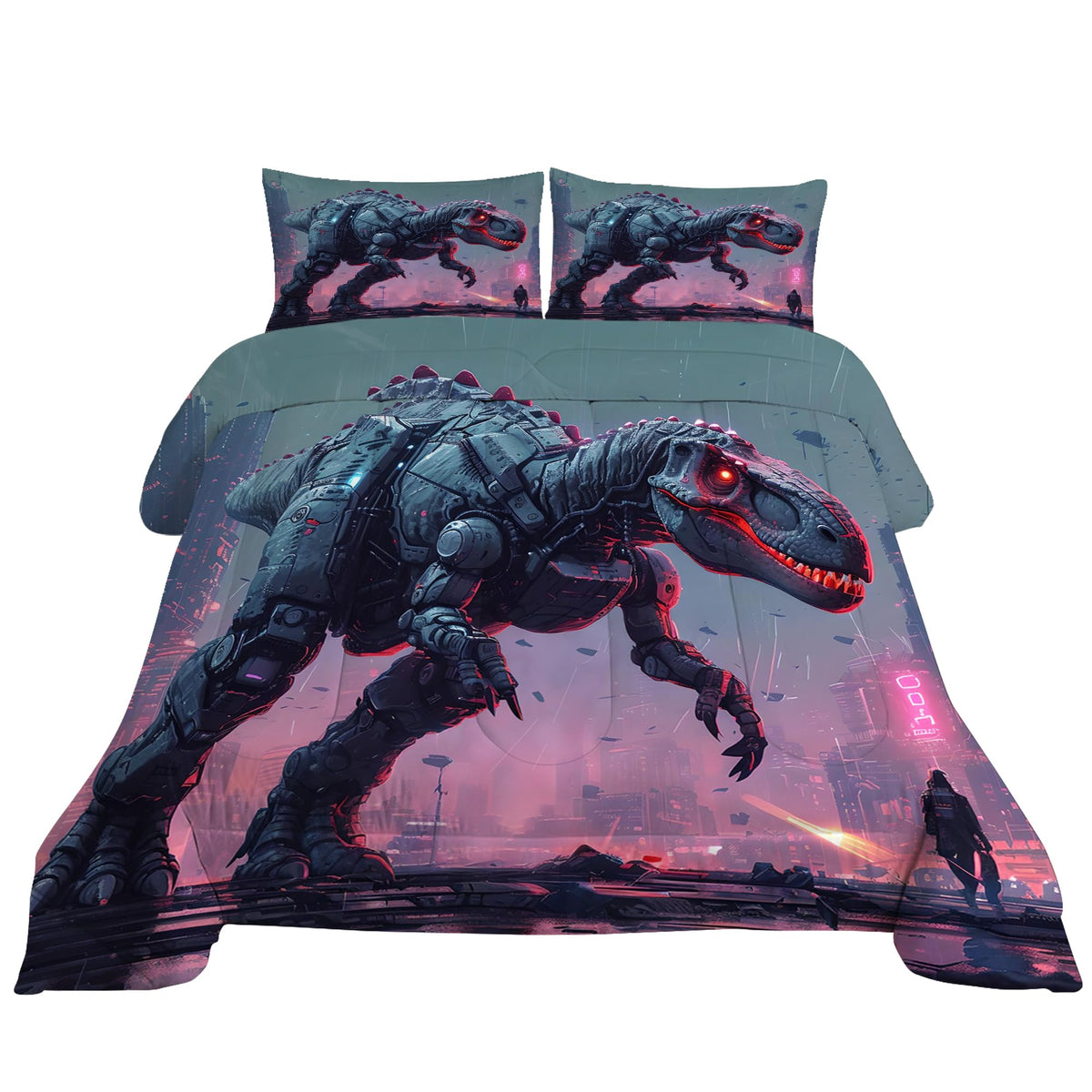 VTKON Kids Dinosaur Comforter Set Full Size Dino Bedding Set for Kids Teens 3D Printed Neon Dino Comforter Sets 3 Pcs Soft Microfiber Boys Bedroom Decor