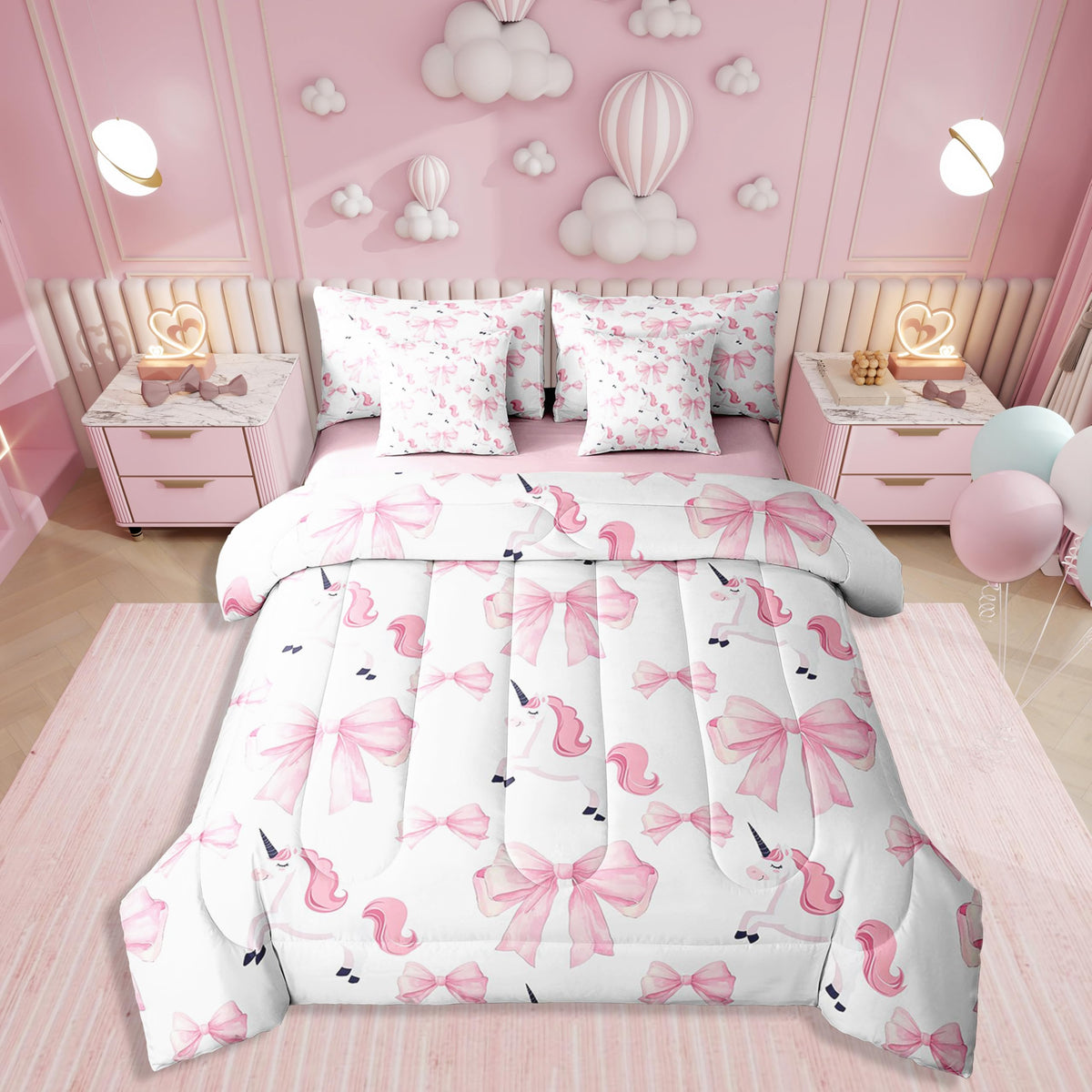 Erosebridal 7 Piece Girls Bowknot Kids Comforter Set King Bed in a Bag,Cute Pink Unicorn Bedding Set for Kids Child,Dreamy Princess Style Quilt Comforter,Girly Horse Bow Tie Valentine Duvet Insert