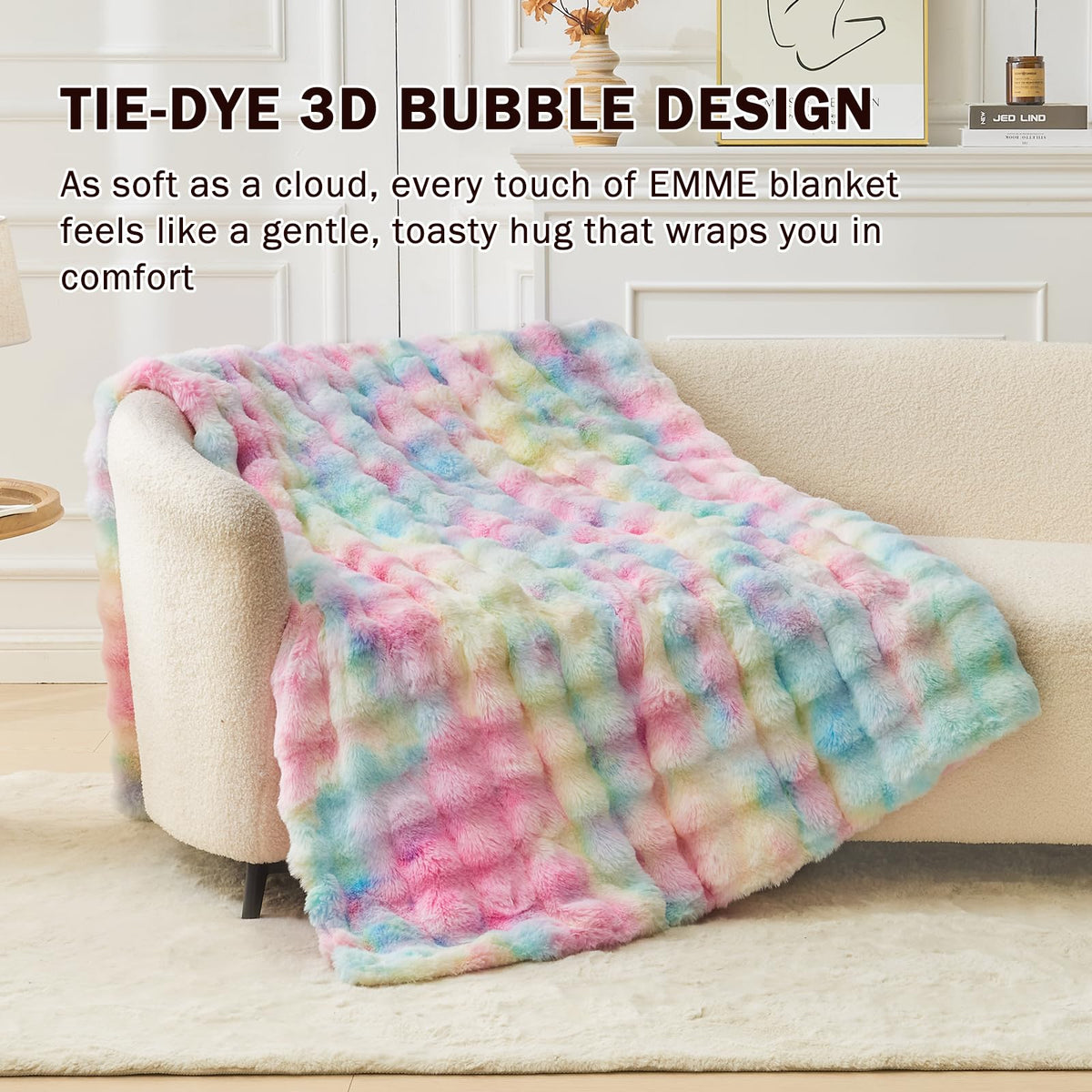 EMME Faux Fur Blanket King Size Rainbow - Big Bubble Rabbit Cozy Blanket for Couch, Thick Furry Plush Shaggy Blankets, 650GSM, 108x90 Inches