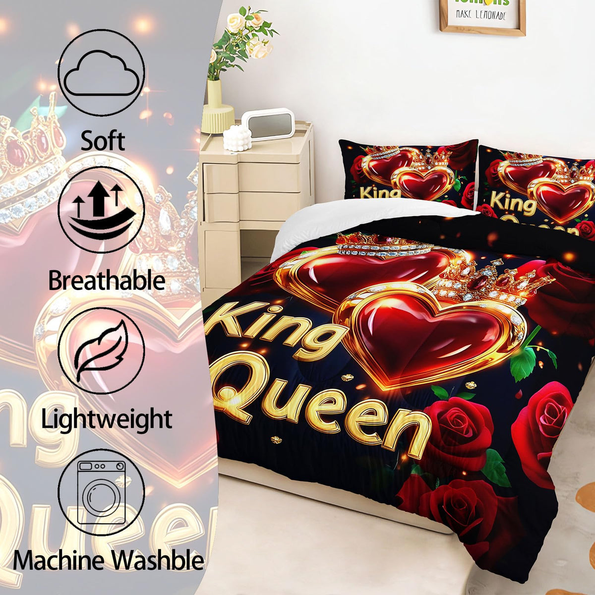 AILONEN K & Q Hearts Print Comforter Set Queen Size,Red and Black Rose Bedding with 2 Pillowcases,Valentine Romantic 3Pcs