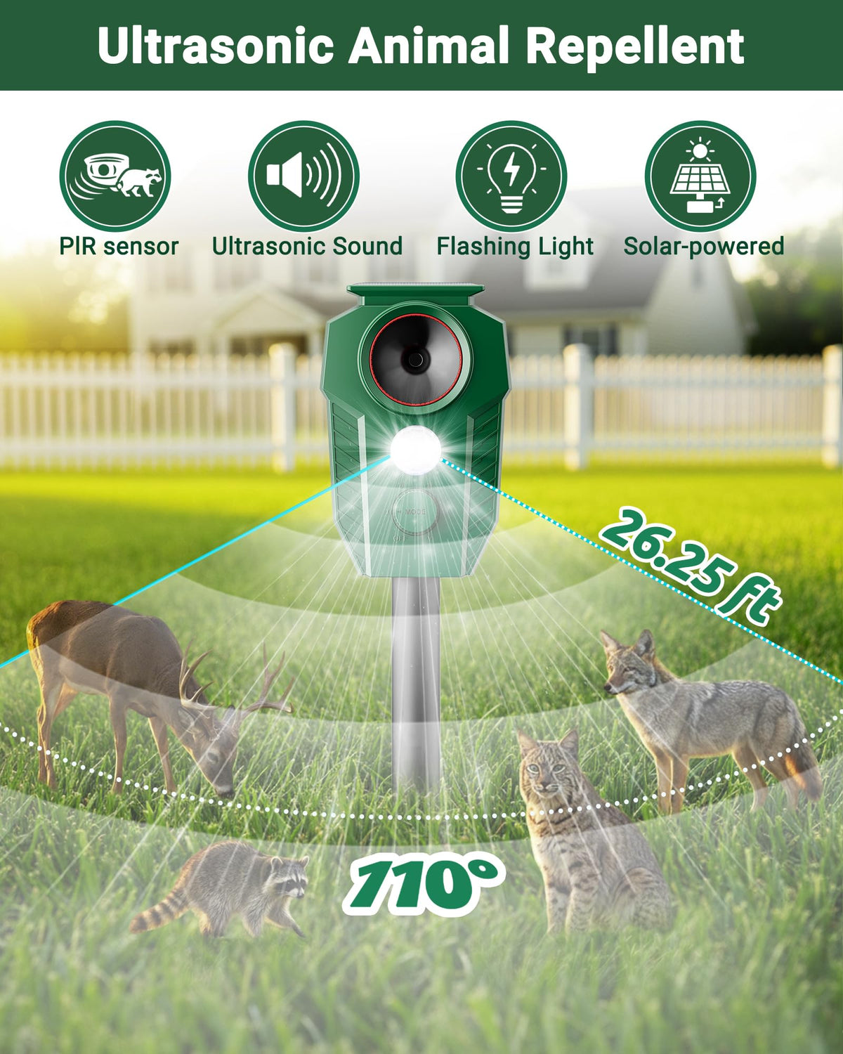 X-octenol Solar Ultrasonic Animal Repellent Outdoor - Deer Repellent Devices with Motion Sensor & Flashing Lights, Waterproof Deterrent for Yard Garden to Repel Cats, Squirrels, Raccoons