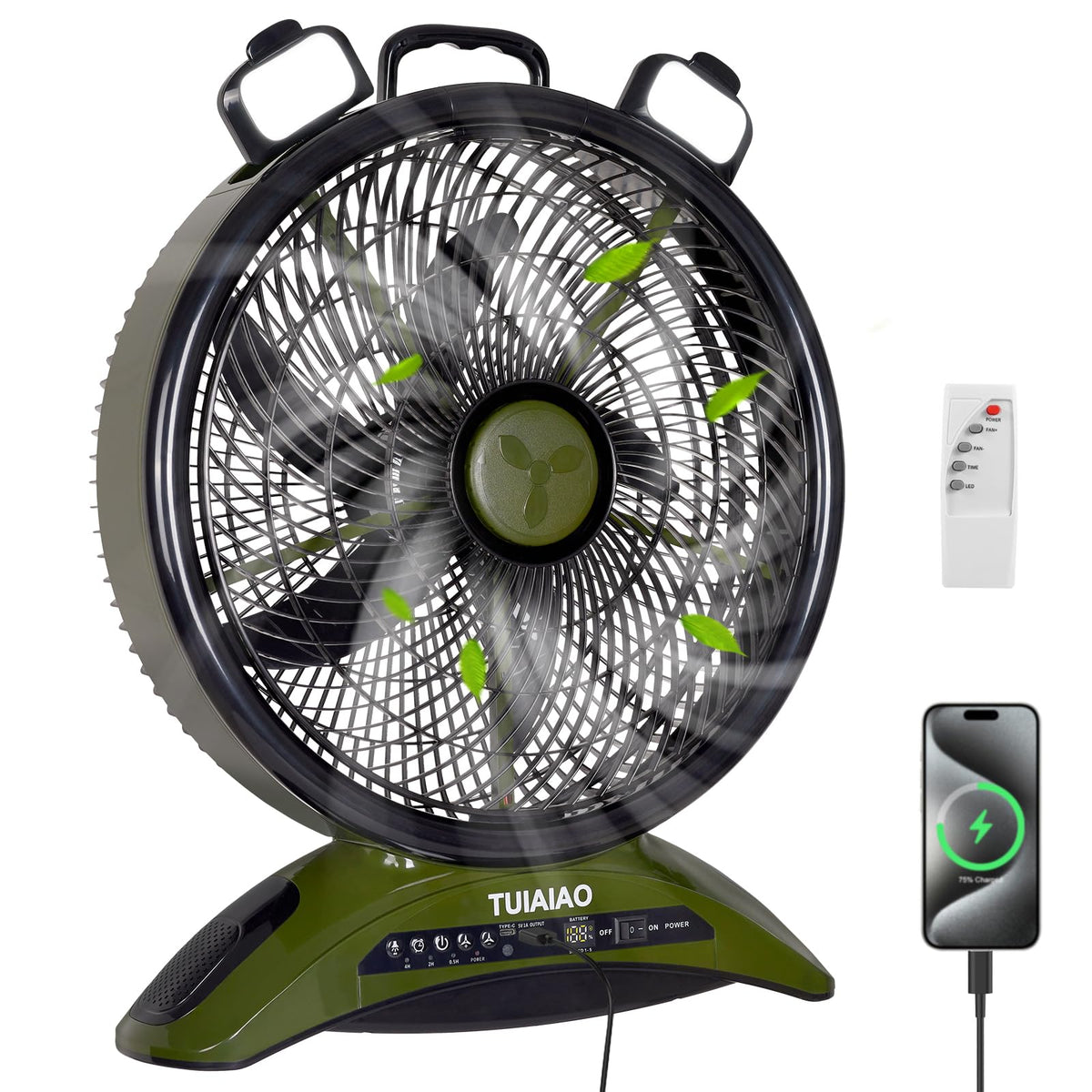 TUIAIAO Large 45000mAh Battery Operated Camping Fan, 12-Inch Blades Portable Rechargeable Outdoor Fan with 5 Speed Display, 1040CFM High Airflow, Cordless Floor Fan with Timer for Garage, BBQ