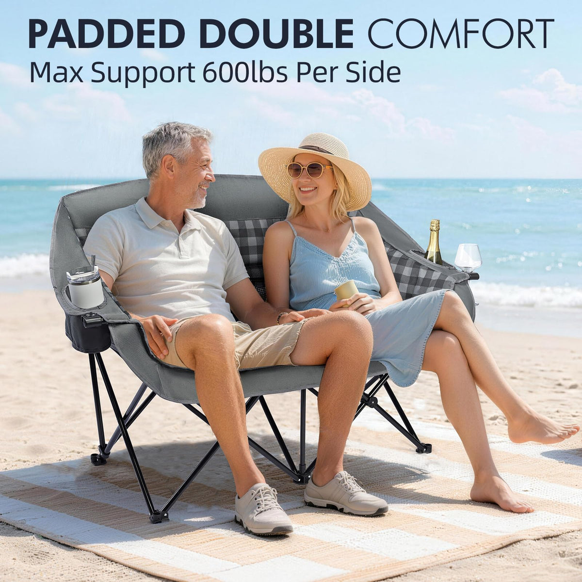 Double Camping Chairs Padded Loveseat Chair for 2 Person - Heavy Duty Oversized Camping Couch for Adults Outdoor Lawn Beach Portable Folding Sofa with Cup Holders Support 600lbs, Grey