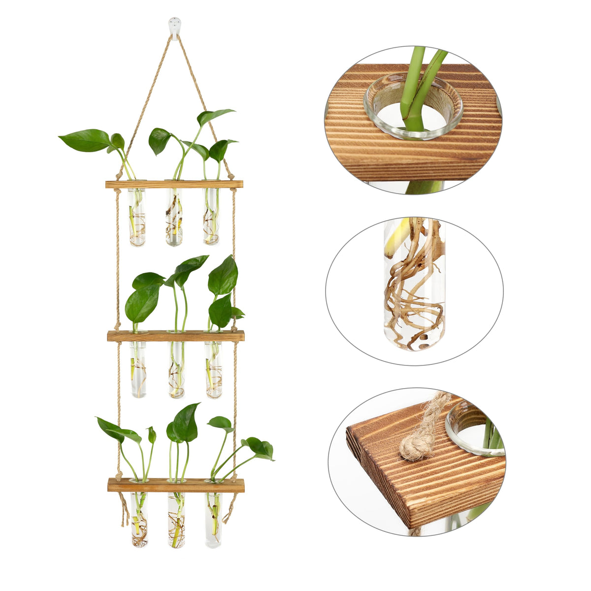Hyindoor Wall Hanging Propagation Stations 3 Tired Wall Planter Terrarium with Wooden Stand and Glass Test Tubes Plant Hanger Flower Vase for Home Office Wall Decor Hydroponic Cuttings