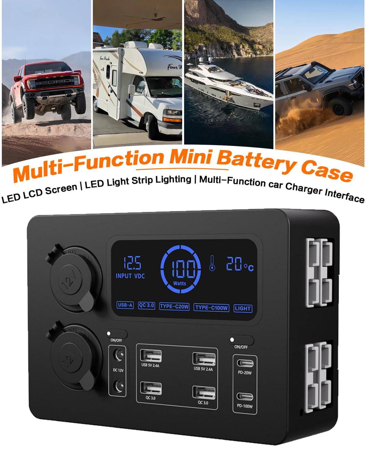 IZTOSS 12V 100W Multifunction Mini Power Box Camping Electrical Power System with LED Lighting USB-C and QC3.0 Ports Cigarette Socket Anderson Port for Camper RVs Pickup Trucks 4WD Canopy Caravan