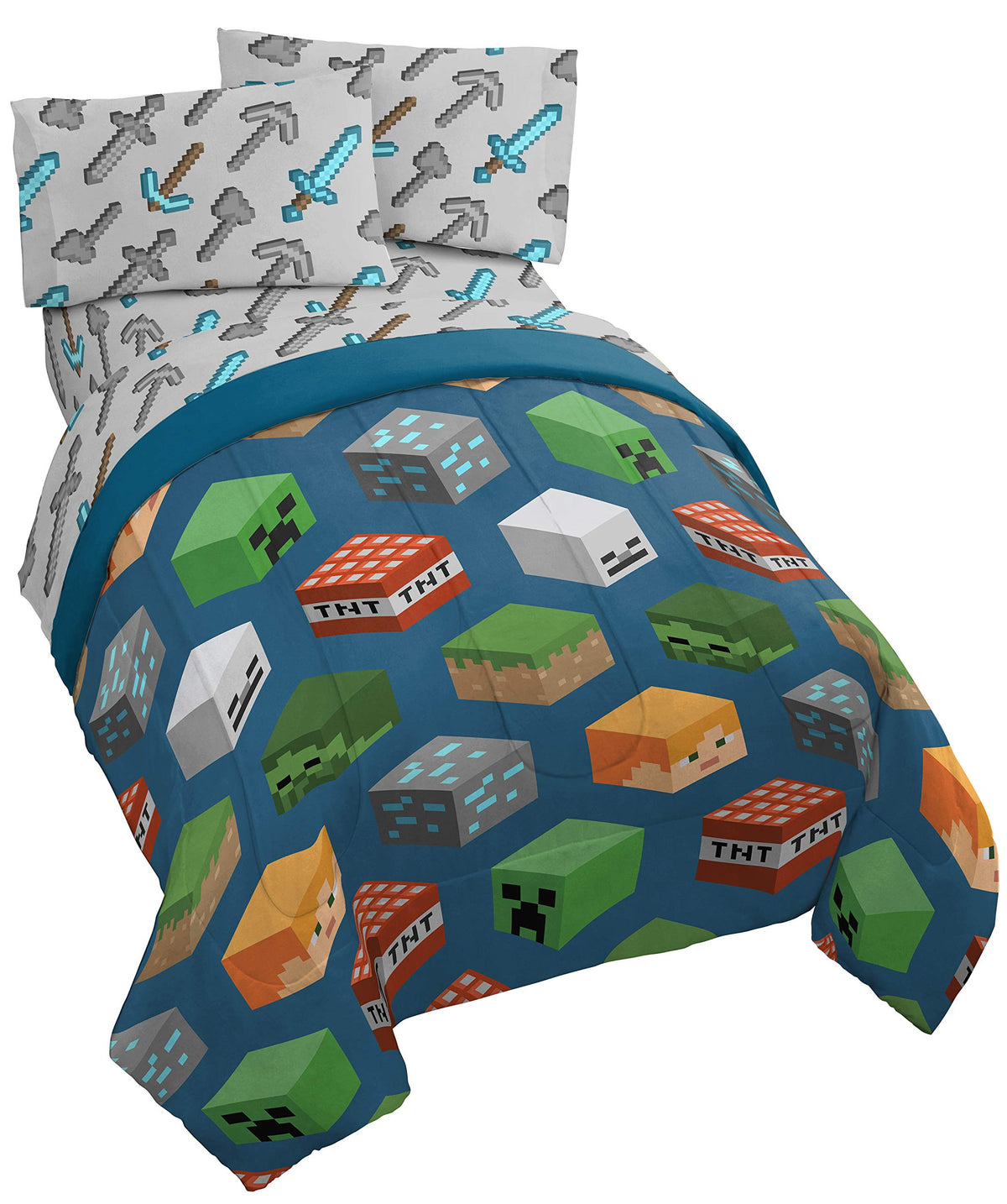 Jay Franco Minecraft Isometric 4 Piece Twin Bed Set - Includes Comforter & Sheet Set - Bedding Features Creeper - Super Soft Fade Resistant Polyester - (Official Minecraft Product)