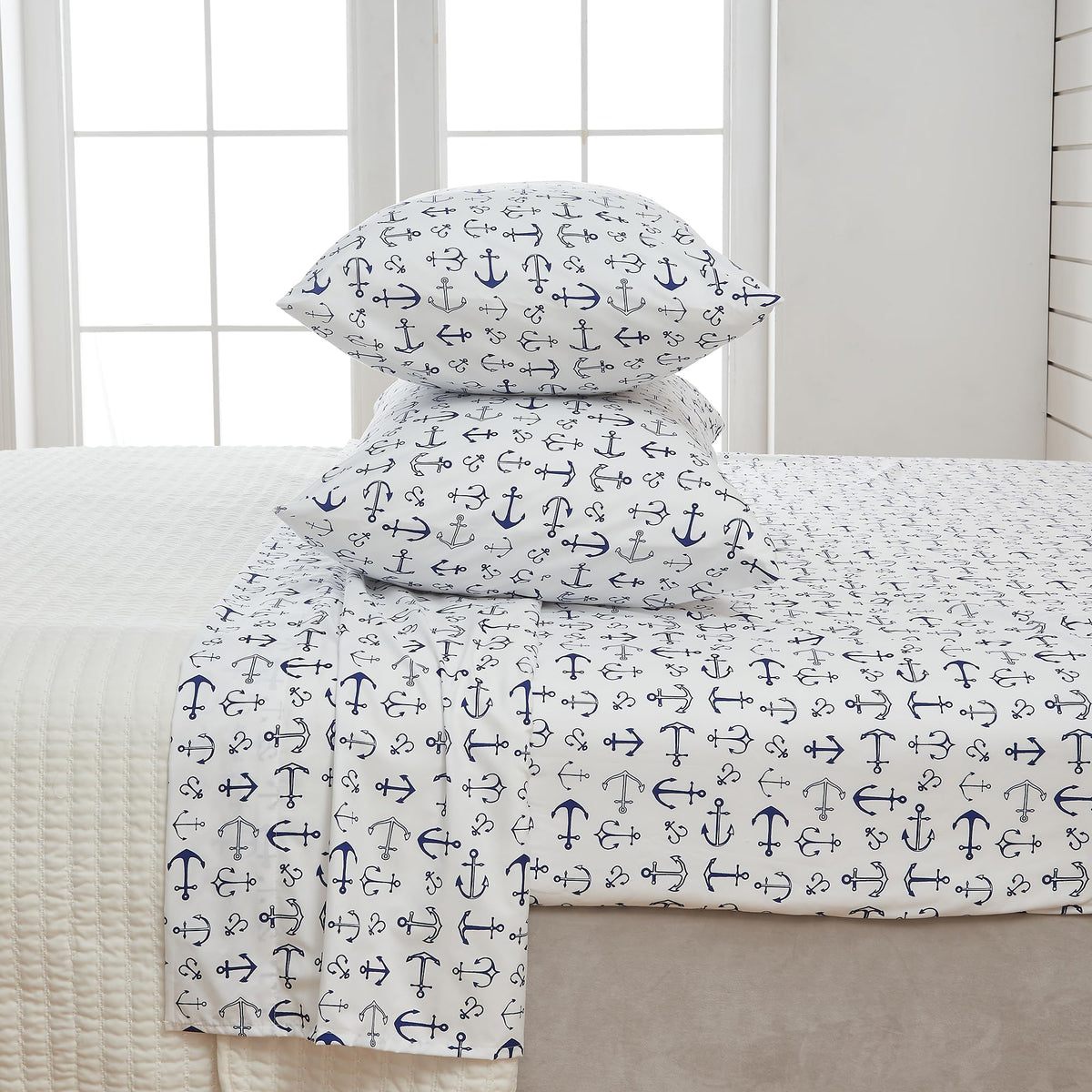 Great Bay Home King Coastal Microfiber Sheet Set - 4-Piece Nautical-Printed, Ultra-Soft Sheets - Beach-Themed Bedding Sheets & Pillowcases (Anchor)