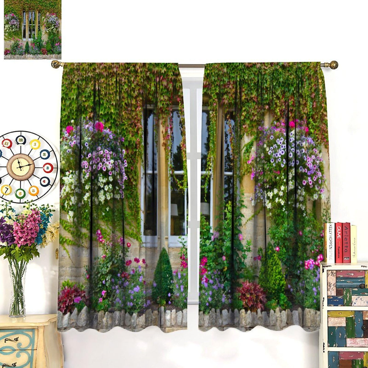 AAVEUP Italian Building Landscapes Curtains,European House Window Garden Nature Landscape Spring Flower Vine Green Leaves Plant Window Treatments for Living Room Bedroom Kitchen 42x45in（No Blackout）