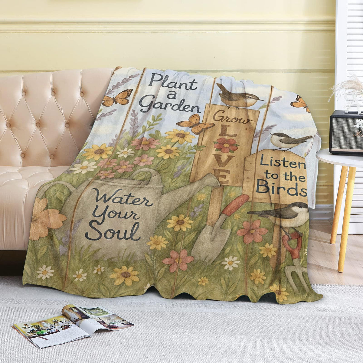 coedoaes Flower Garden Theme Fleece Blanket,40x50in,Bird Butterfly Watering Can Throw Retro Floral Blankets,Soft Cozy Lightweight, Ideal for Bed Living Room Home Nature Decor,Women Gifts