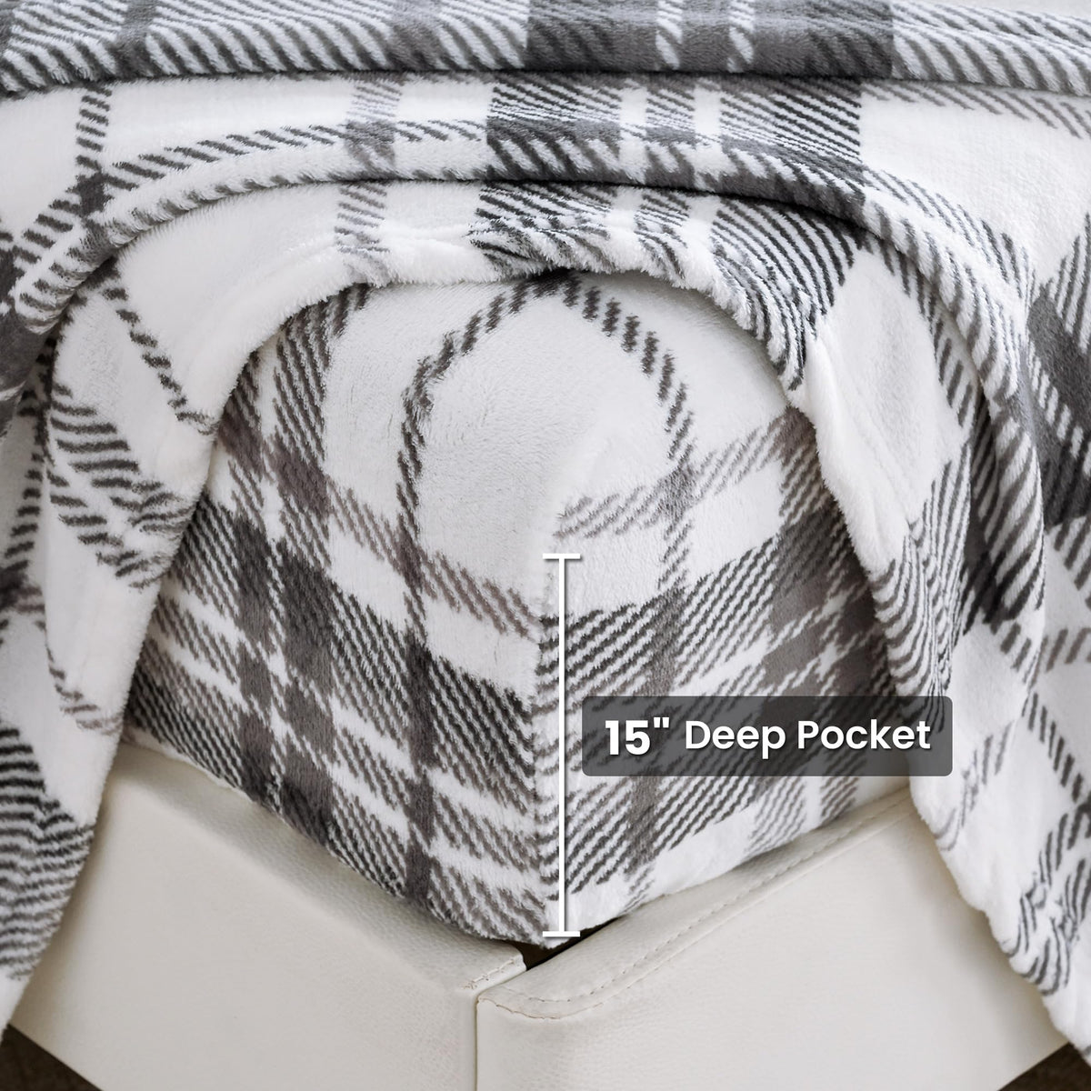Viviland Plush Micro Polar Fleece Full Bed Sheet Set, Cozy Flannel-Like Velvet/Velour Fitted Sheets with 15" Deep Pocket, Fuzzy Warm Winter Double Sheets & Pillowcase Set, Gray and White Plaid