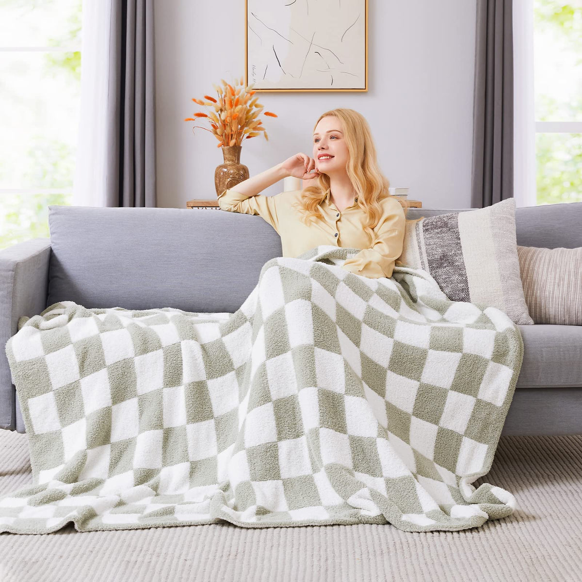 WRENSONGE Checkered Throw Blanket, Sage Green Soft Cozy Fluffy Hand Made Throw Blankets for Couch, Sofa, Chair, Bed, Camping, Picnic, Travel Lightweight Bed Blankets for Women Mothers Birthday Gifts