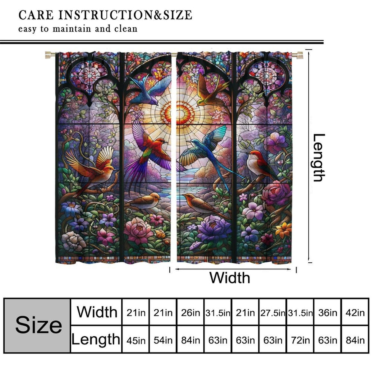 FengMingRui Hummingbird Stained Glass Curtains Nature Scenery Floral Flowers Bird Abstract Geometry Window Treatments for Kids Boys Girls Bedroom Living Room Window Drapes 42" W X 45" L