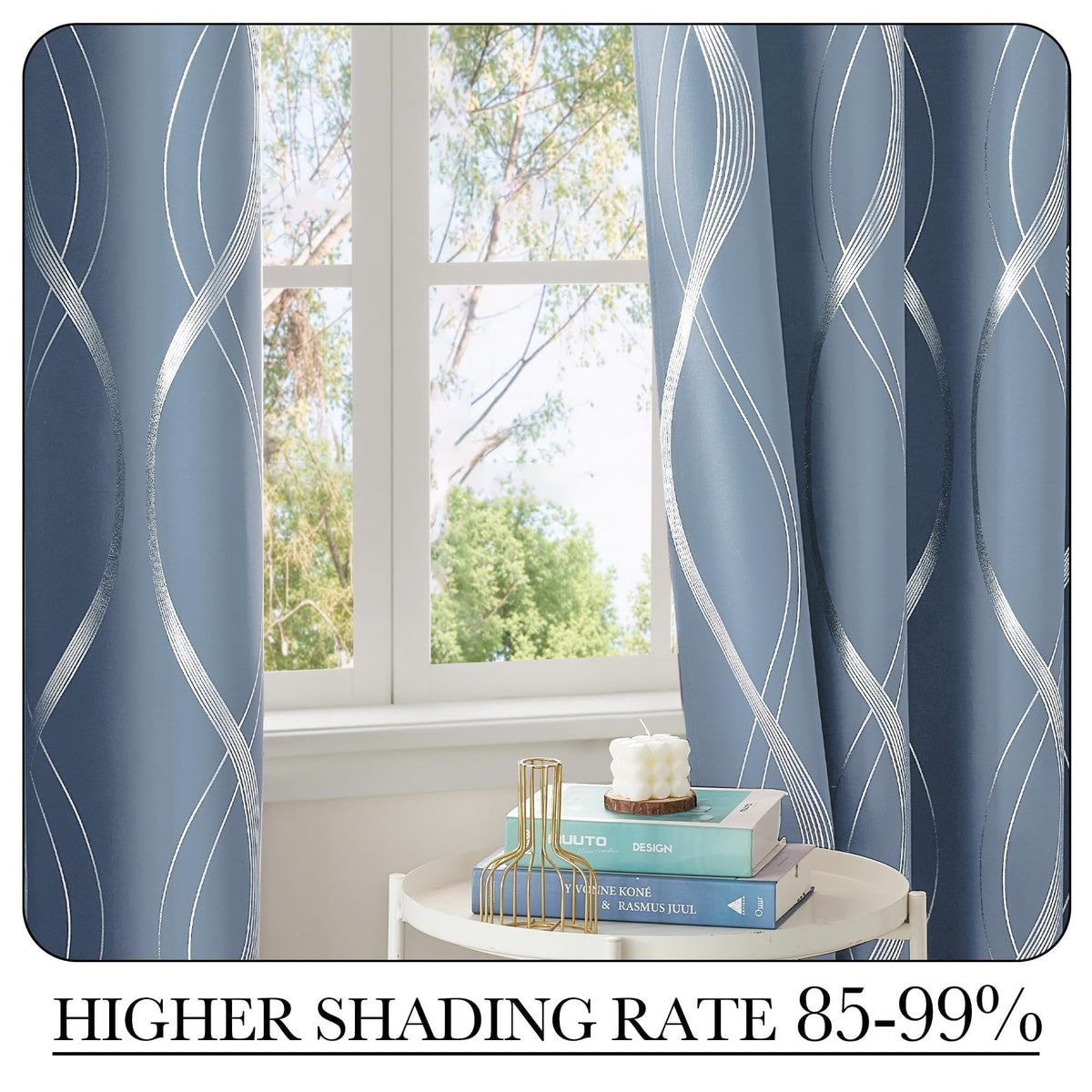NICETOWN Dusty Blue Patterned Stripe Curtains for Bedroom and Patio, W52 x L84 inch, Wave Line Foil Print Design Morden Home Decor Room Darkening Drapes Room Divider, 2 Panels
