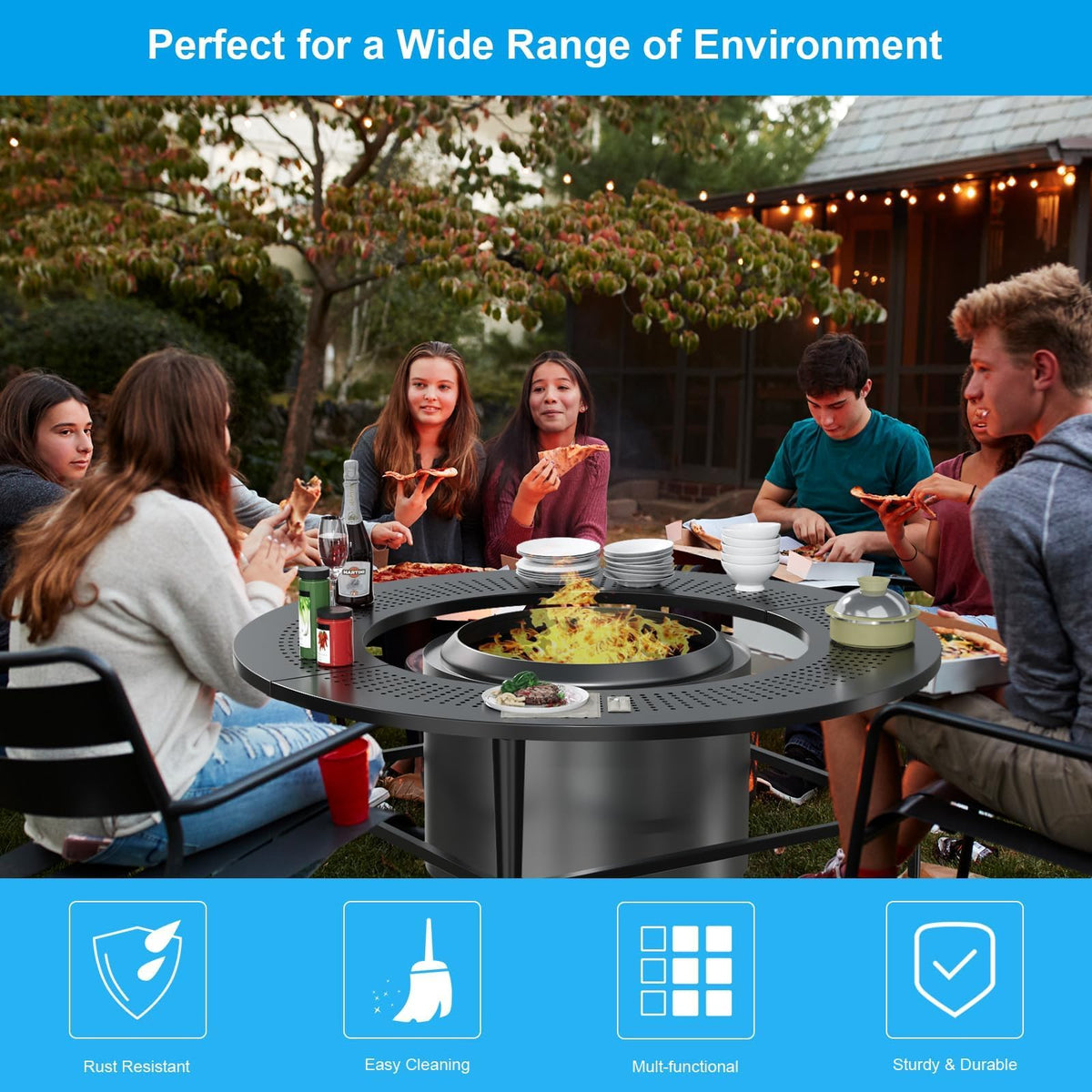 LS'BABQ 40" Fire Pit Surround Tabletop with Waterproof Cover for Solo Stove Bonfire & Ranger, Round Outdoor Fire Pit Table for Most Wood-Burning Stoves Under 22" Dia for Camping, Powder-Coated Steel