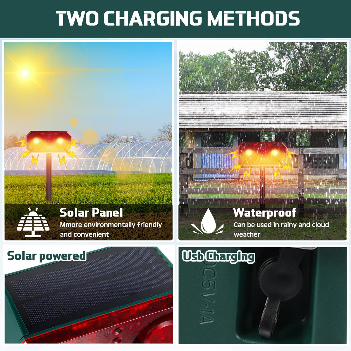 Qualirey 4 Pcs Solar Outdoor Motion Sensor Alarm with Stake Animal Deterrent Dog Barking Sensor 13 Sound 130db Loud Noise Maker 4 Mode with USB Remote Control Support Recording Volume Adjustment