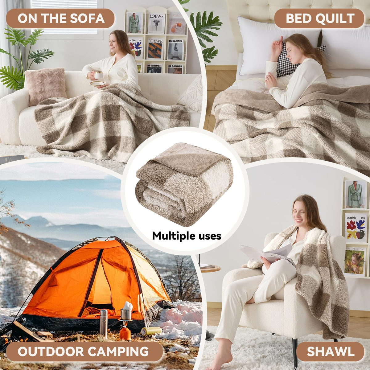 LURKA Checkered Sherpa Fleece Throw Blanket – Soft and Cozy, Medium Weight for All Season, Plush Throw for Couch, Bed & Pets, Khaki, 50x60 Inches