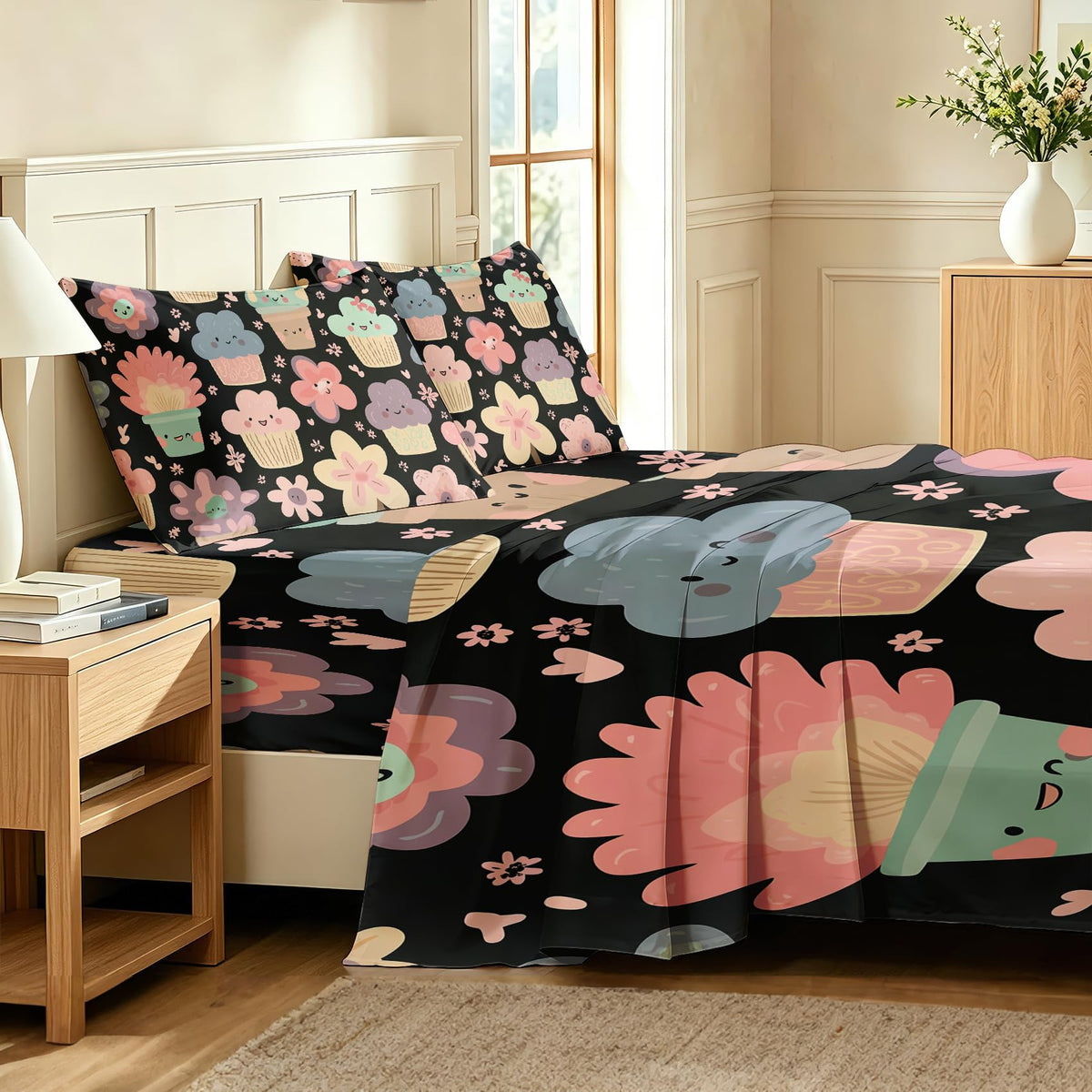 Girls Flower Bedding Set 4 Pcs Kawaii Food King Sheets