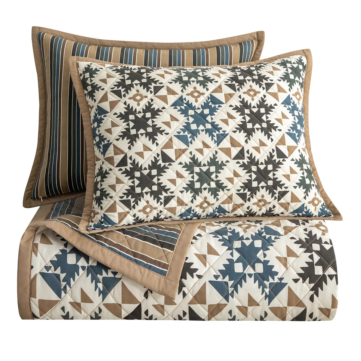 Indigo Hill by HiEnd Accents Mosaic Western Bedding 3 Piece King Quilt Set, Hourglass Pattern Southwest Cabin Rustic Bedding, Reversible Geometric Print Boho Patchwork Quilt with Pillow Shams