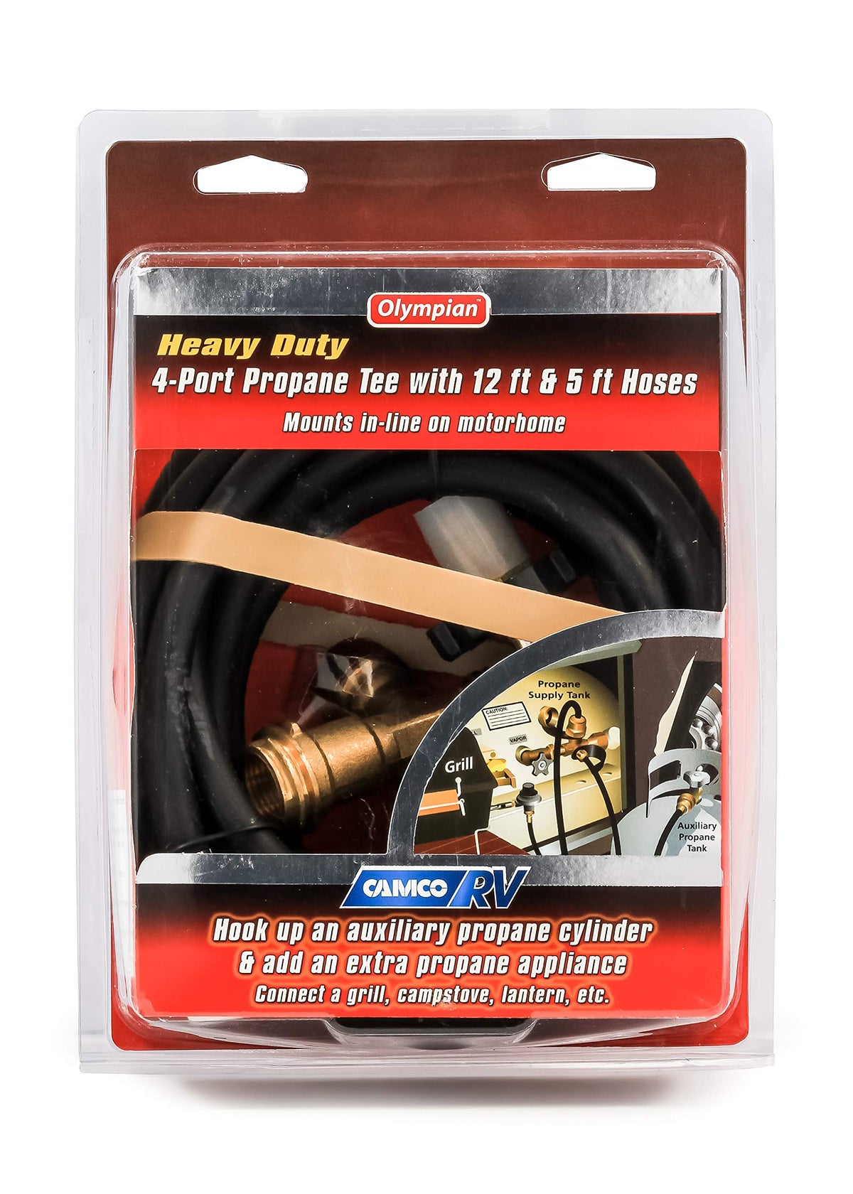 Camco Propane Brass 4 Port Tee- Comes with 5ft and 12ft Hoses, Allows for Connection Between Auxiliary Propane Cylinder and Propane Appliances (59123), Black