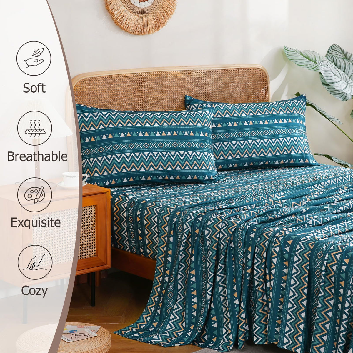 CozySmile Boho Sheet 4 Pieces King Sheet Set Bohemian,King Size Breathable Soft Microfiber Deep Pocket Bedding, Western Sheets Geometric(King, Teal Geometric)