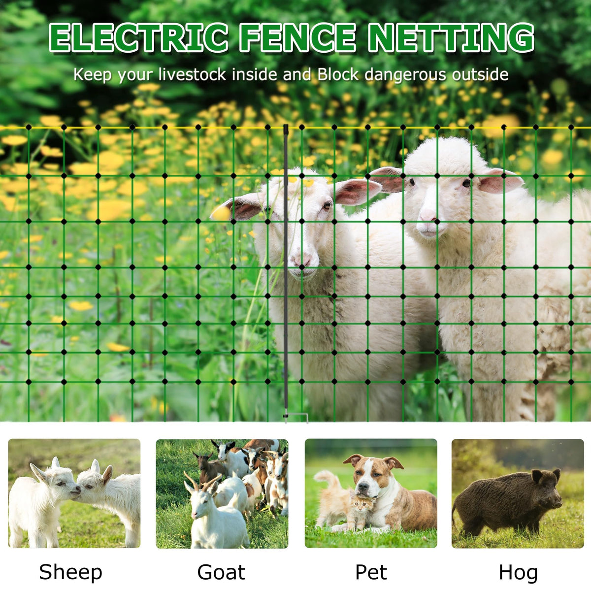 Electric Fence Netting, 42.5" H x 164' L, Larger Animals Electric Fencing for Backyards, Homesteaders, Farms, Ranches, Gardens