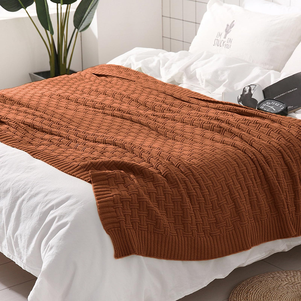 TREELY 100% Cotton Knitted Throw Blanket Couch Cover Blanket(31 x 40 Inches, Brown)