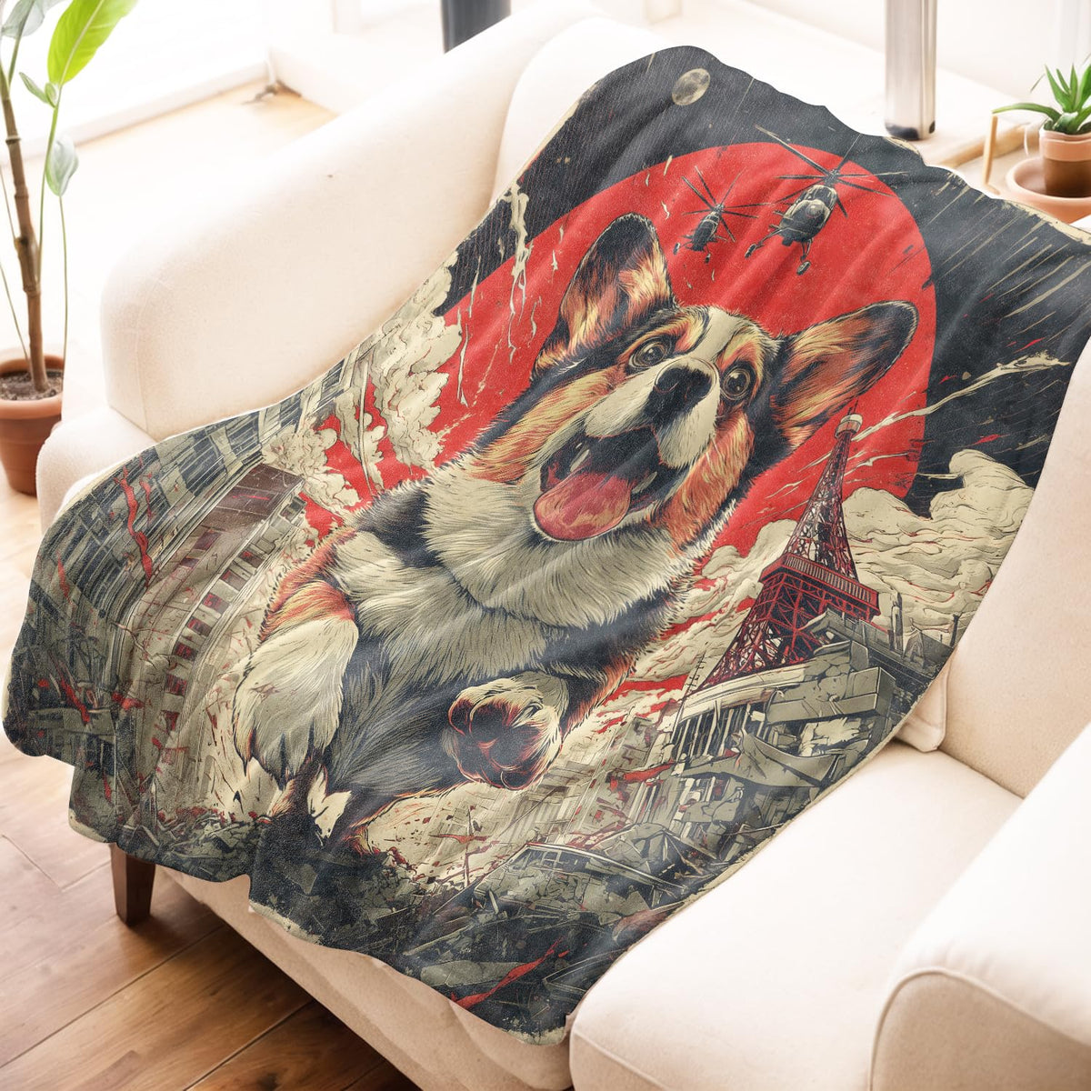 Mniedc Corgi Monster City Blanket, Funny Dog Flannel Throw Blankets, 50"x60", Soft Warm Lightweight Fuzzy Cozy Throws for Couch Bed Sofa Living Room Travel Decorative Gifts for Pet Lover Kids Boys