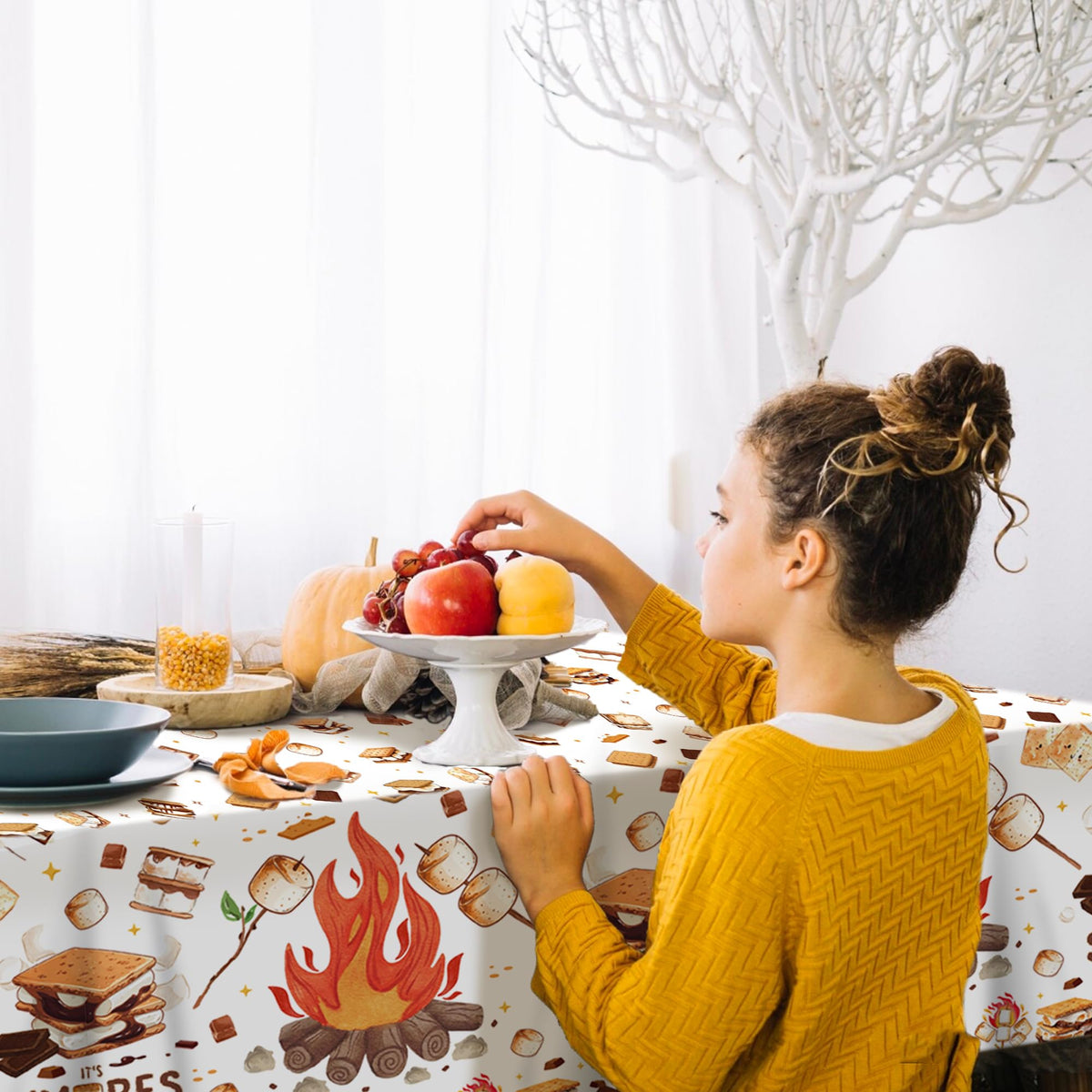 CC HOME 1Pc Camping Party Plastic Tablecloth 54 x 87 Inch Long Table Cover, Marshmallow Sandwich Party Tablecover for Bonfire Camp Theme Kids Baby Shower Birthday Dinner Picnic Kitchen Event