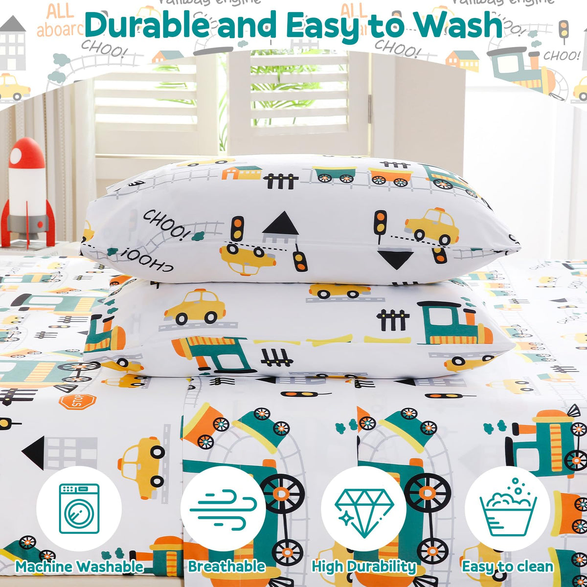 ChicView Twin Sheet Set Kids,3 Pieces Breathable Soft Microfiber Bedsheets for Child Boys Girls, Anti Pilling Deep Pockets Easy Care Bed Sheets, Train