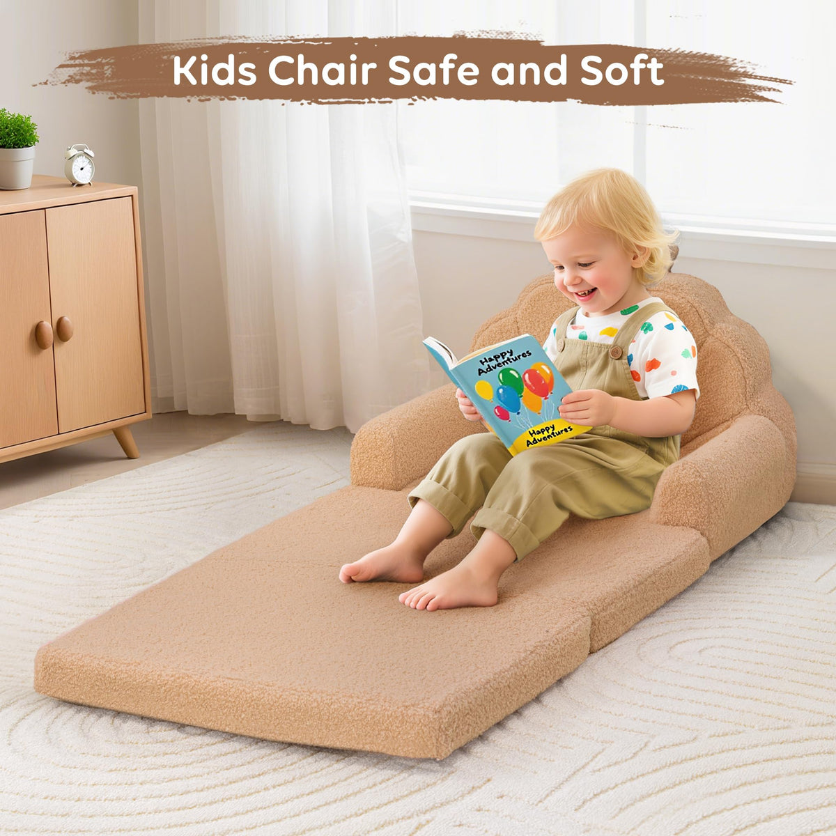 Airpanda Cozy Kids Couch and Chair, Fold Out Foam Sofa, Khaki