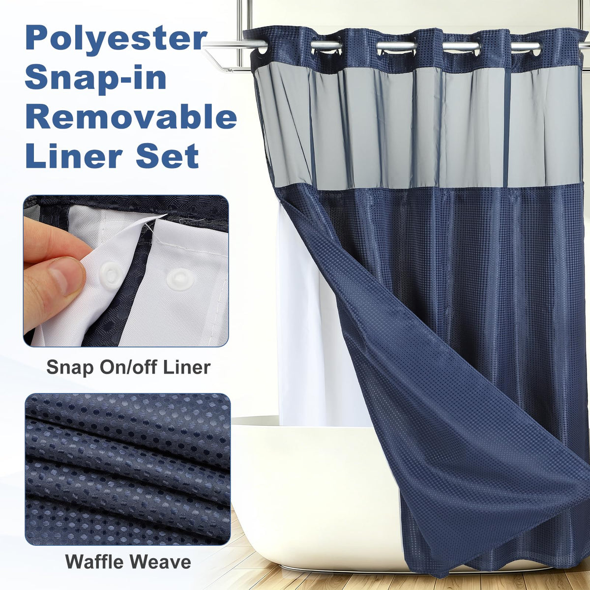 DTGN No Hook Shower Curtain, 71Wx72L Polyester Snap-in Removable Liner Set, Waterproof Washable Waffle Weave Textured Shower Curtains for Home Bathroom Hotel, Dark Gray