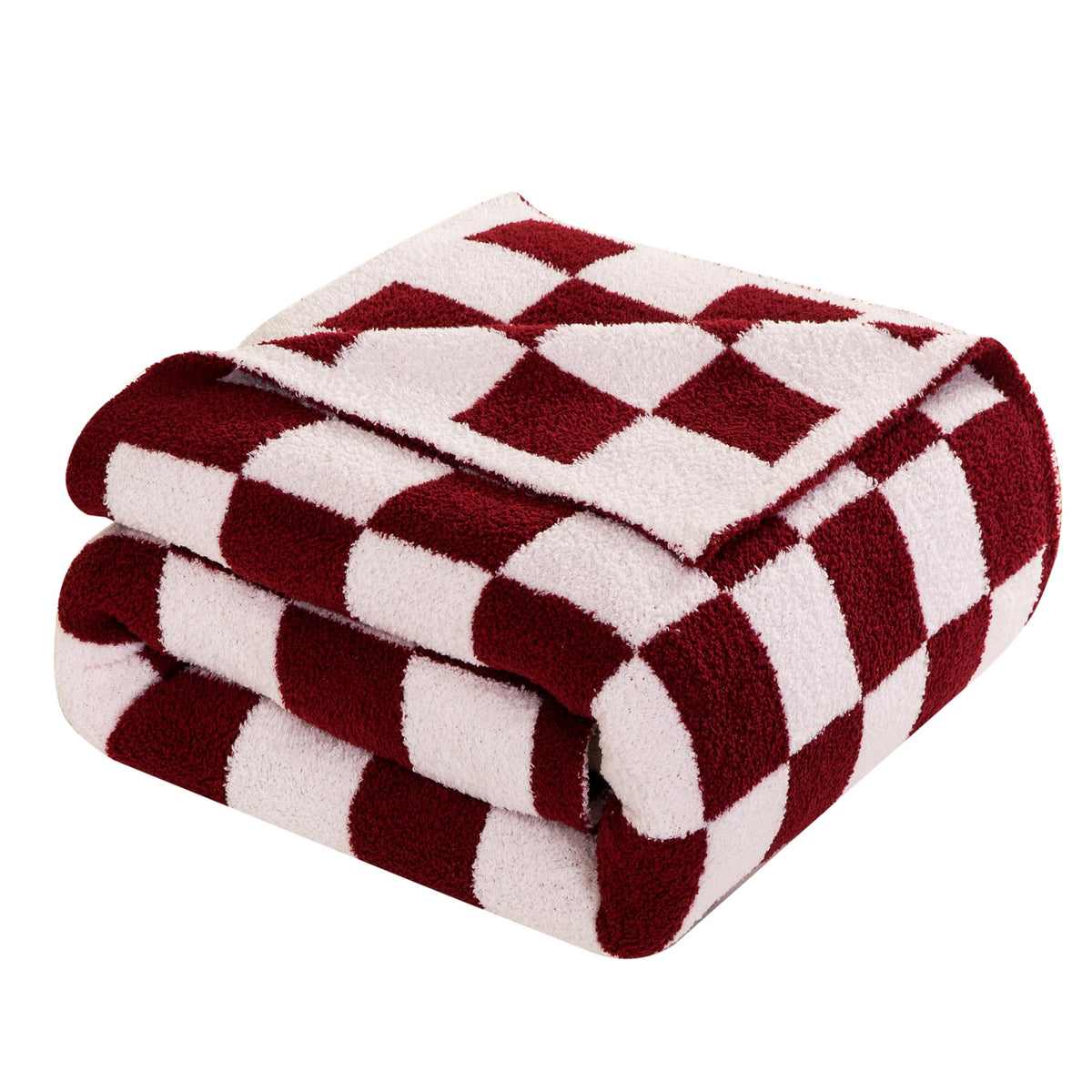 Elegant Comfort Checkered Throw Blanket, Burgundy Super Soft Cozy Fluffy Warm Throw Blankets for Couch, Sofa, Chair, Bed, Camping, Picnic, Travel Lightweight Bed Blanket (50" x 70")