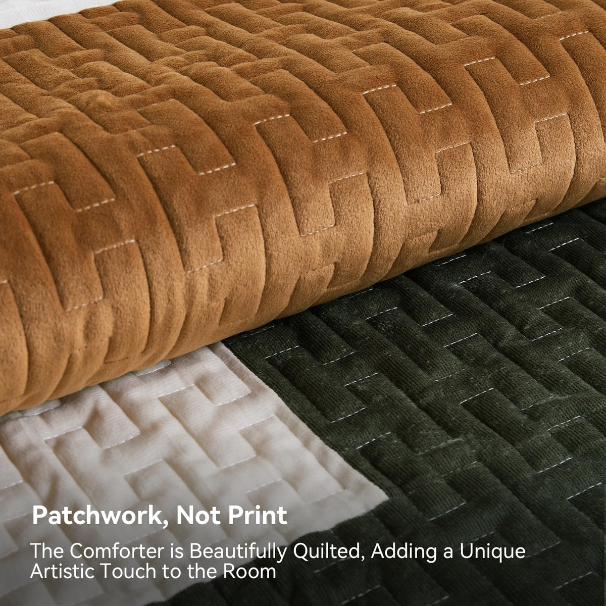 Grassix Velvet Quilt Set Queen Size, 3 Pieces Patchwork Bedspread Coverlet with 2 Pillow Shams for All Seasons, Lightweight Comforter Bedding Set, Green Caramel, 90"x96"