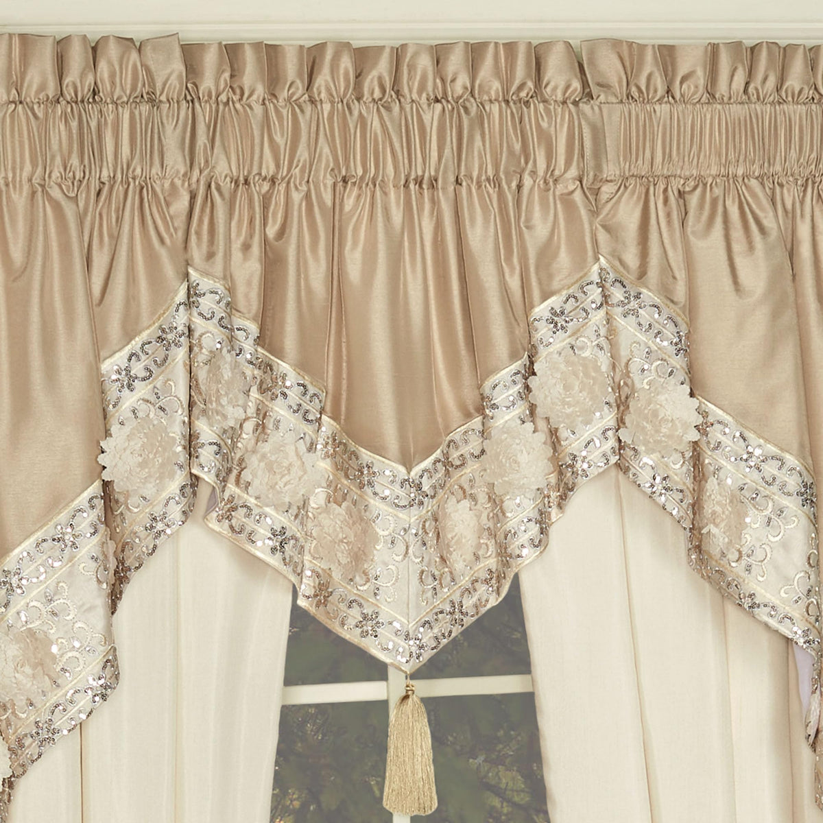 Luxury Elegante Sophisticated Polyester Faux Silk Window Treatment | Light Cream Ivory Metallic Gold | Sequins Embroidery Floral | 3 Piece Set with Ascot Valance and Swag Pair and 84L Curtain Pair