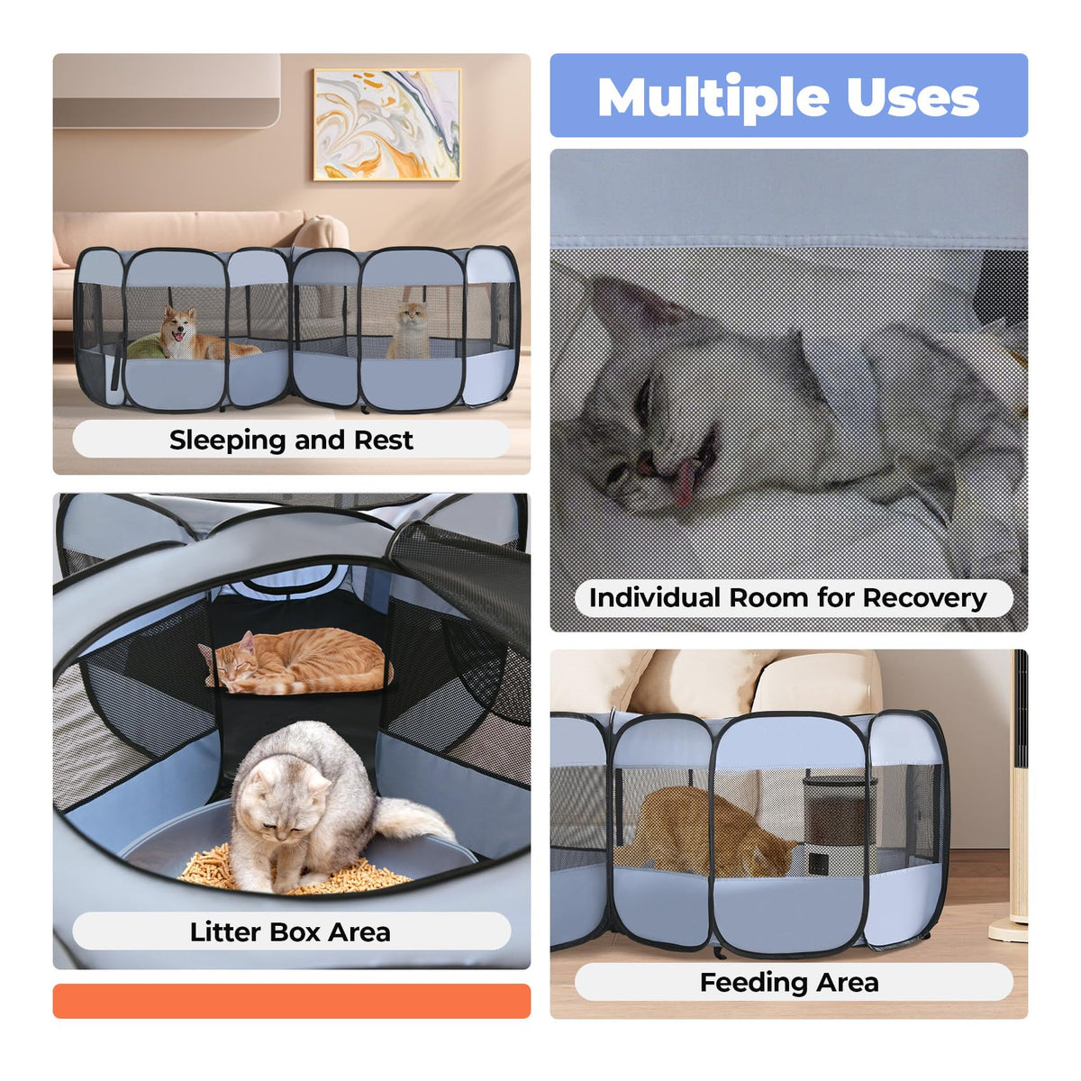 2-in-1 XLarge Cat Playpen, Detachable into 2 Separate Playpens with Additional 2 Doors, Portable Dog Playpen Cat Tent Enclosure for Kitten and Puppy Indoor Outdoor Use(L)