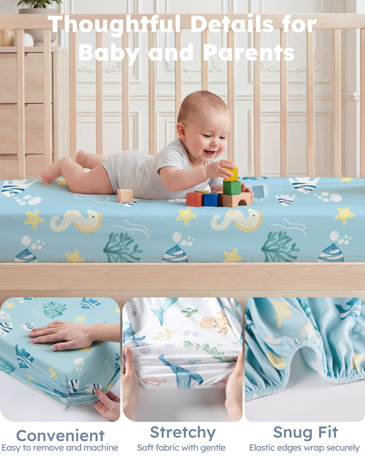 Nyessmee Pack and Play Sheets for Boys Girls, 38" x 26" Mini Crib Sheets Fitted for Pack n Play Mattress, Soft Breathable Playard Sheets, 2-Pack Blue Ocean
