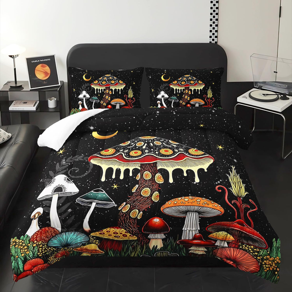 XYNHML Kids Cute Mushroom Comforter 3Pcs Queen Natural Wild Botanical Fungus Bedding Set for Kid Teen Girl Boy Adult Plants Floral Moon Night Star Quilt Bed Decor with 1 Comforter and 2 Pillowcases