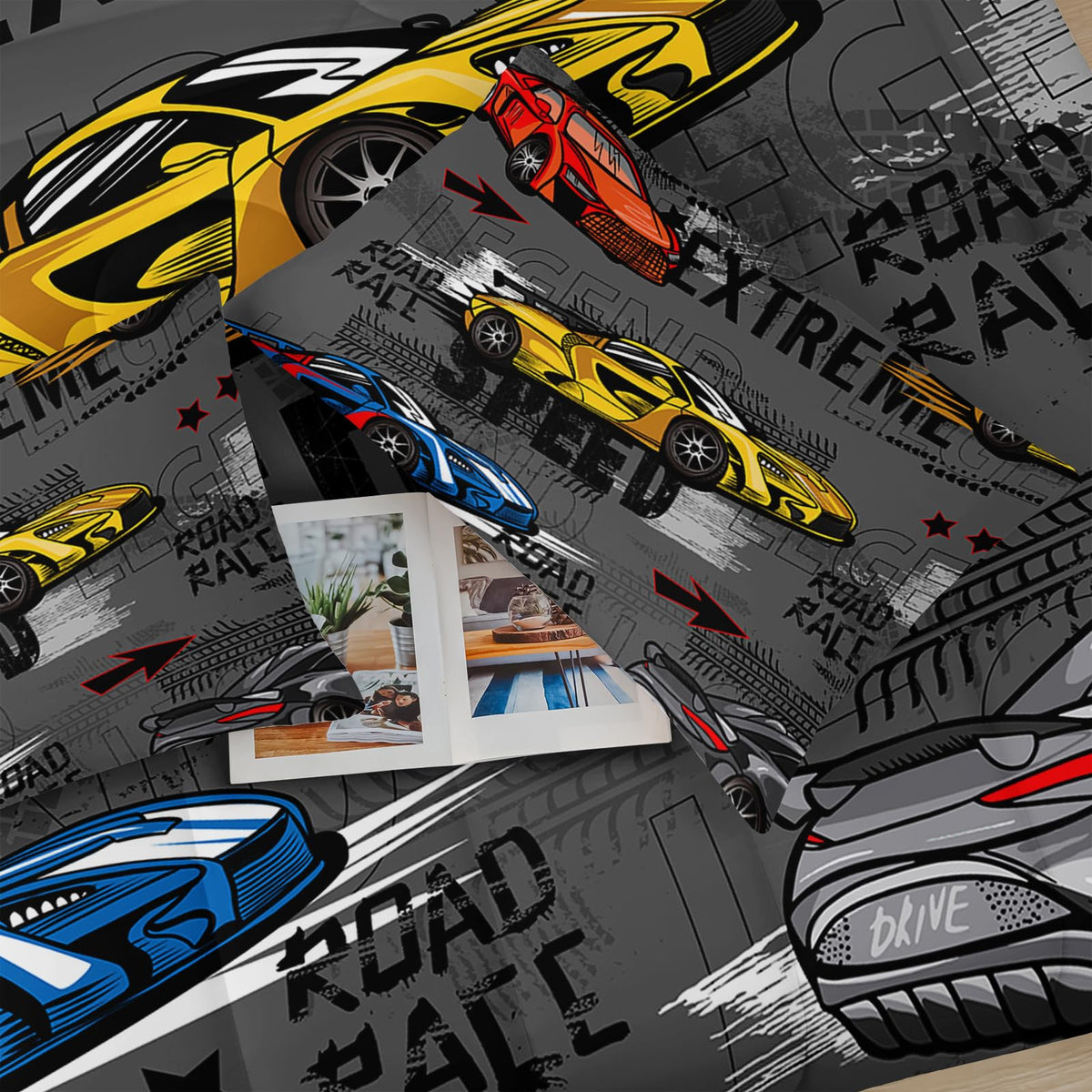 lneffble Race Car Full Comforter Set for Boys，Race Car Full Bedding Sets for Boys，Hot Wheels Cars Full Bedding Set，Theme Room Decor