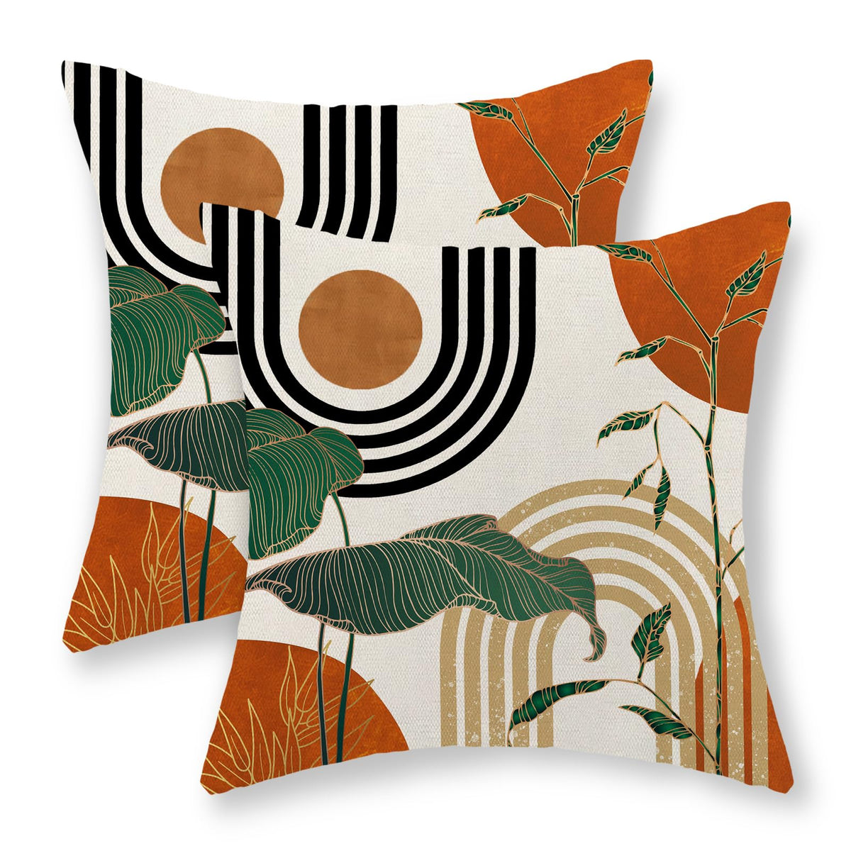 JEFERSO Boho Orange Pillow Covers 18x18 Set of 2 Gold Green Leaf Tropical Mid Century Throw Pillows Outdoor Bohemian Abstract Modern Decorative Pillowcase Farmhouse Cushion Case for Couch Sofa Decor