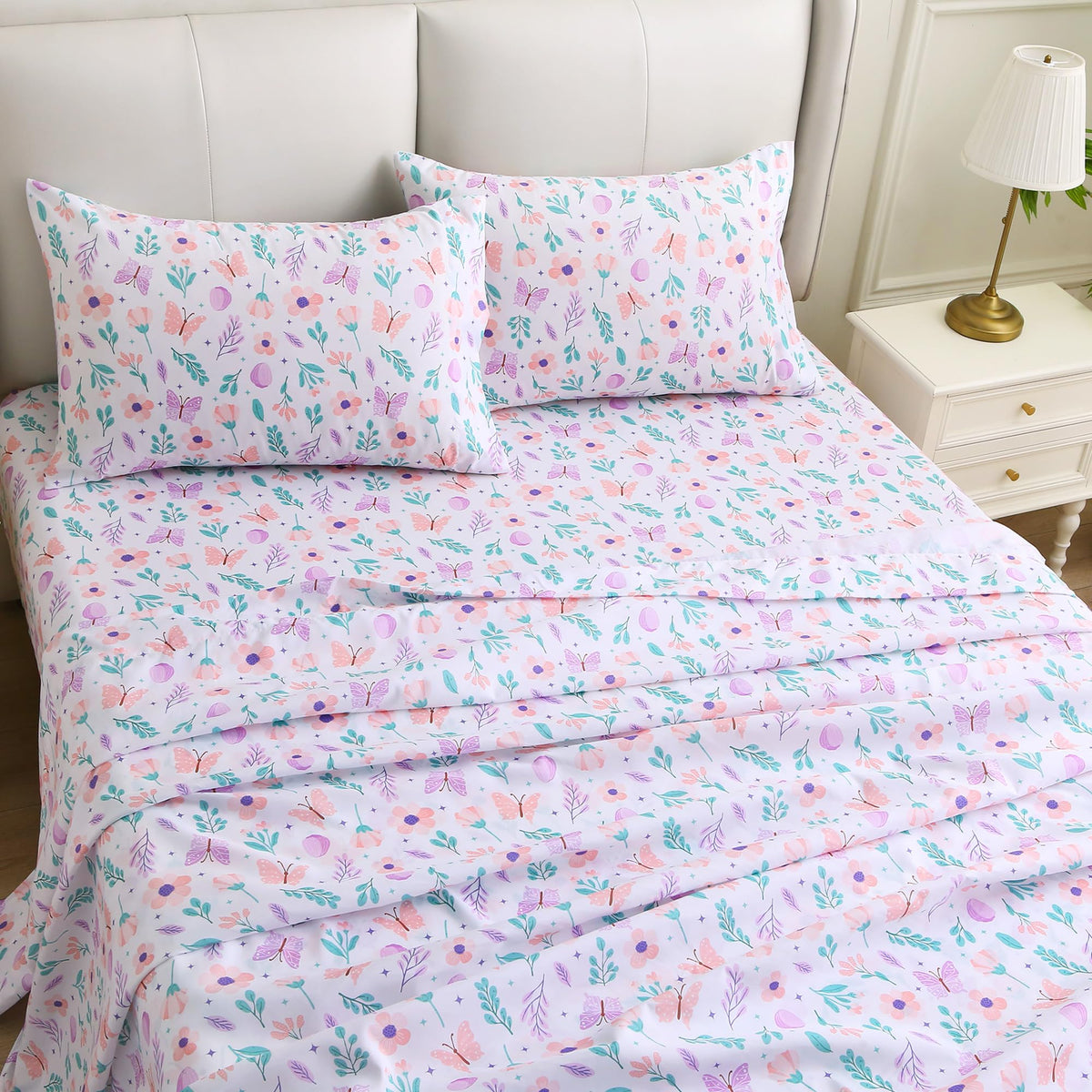 Viviland Floral Twin Sheet Set - 3 Piece Pink-Purple Butterfly & Flower Botanical Patterned Bed Sheets - Soft, Breathable Microfiber Sheets with Deep Pocket, Non-Slip Fitted Sheets & Pillowcases